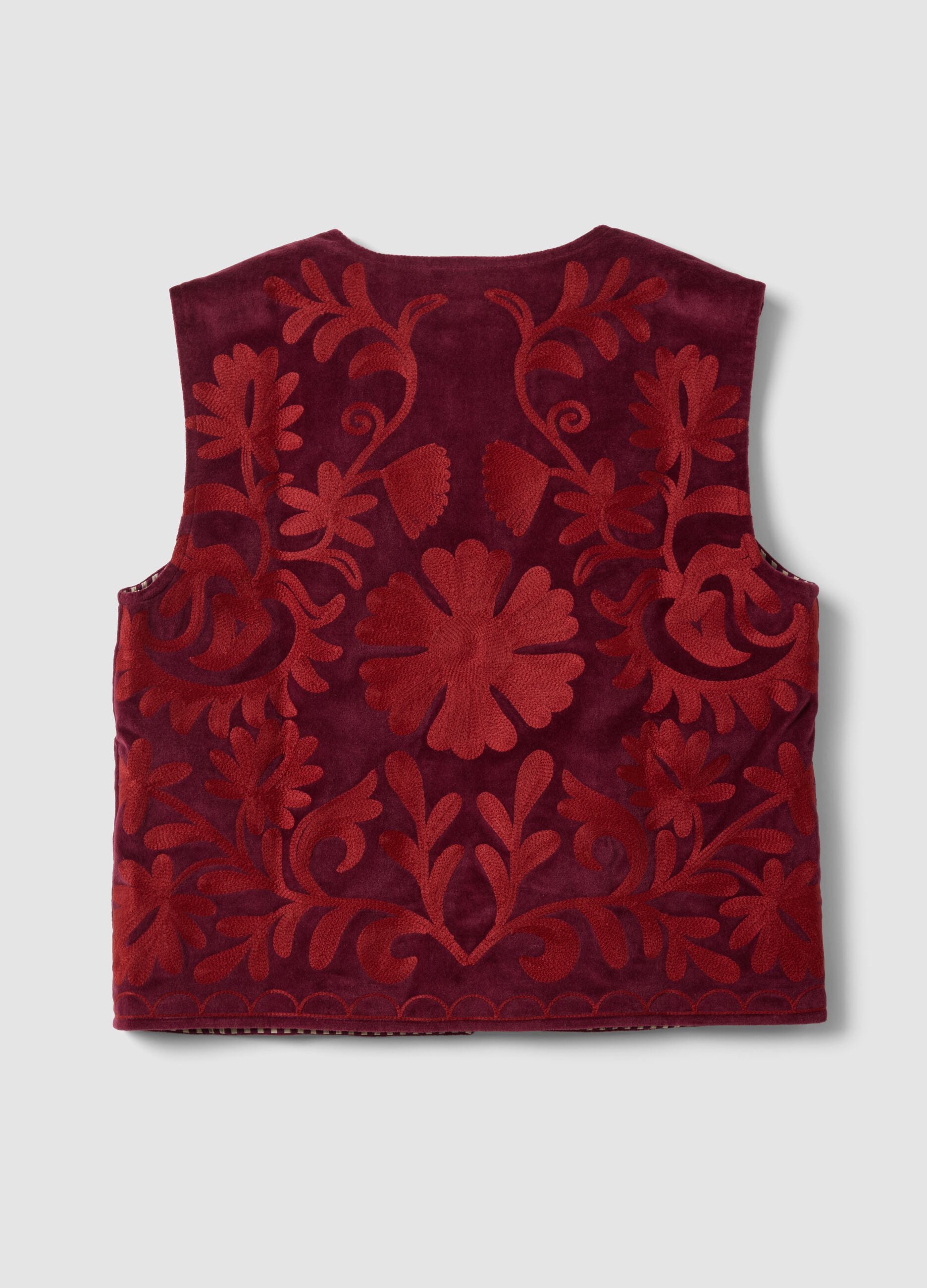 Red pure cotton gilet with floral embroidery