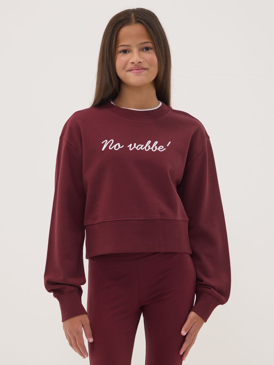 Short purple sweatshirt in pure organic cotton with ribbed neckline_0