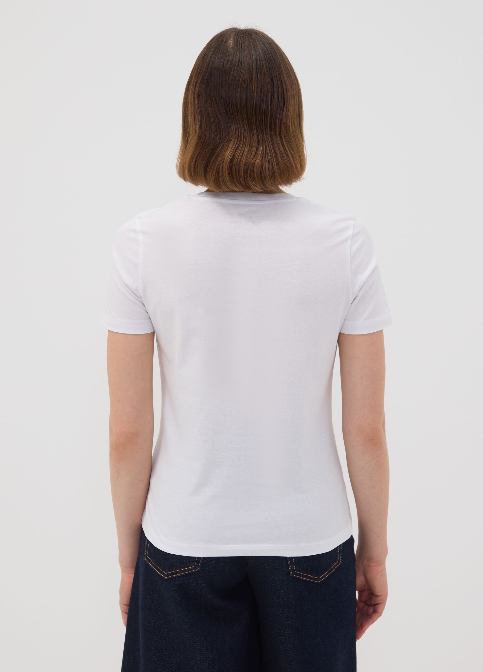 White pure cotton crew-neck T-shirt with puppy print, regular fit