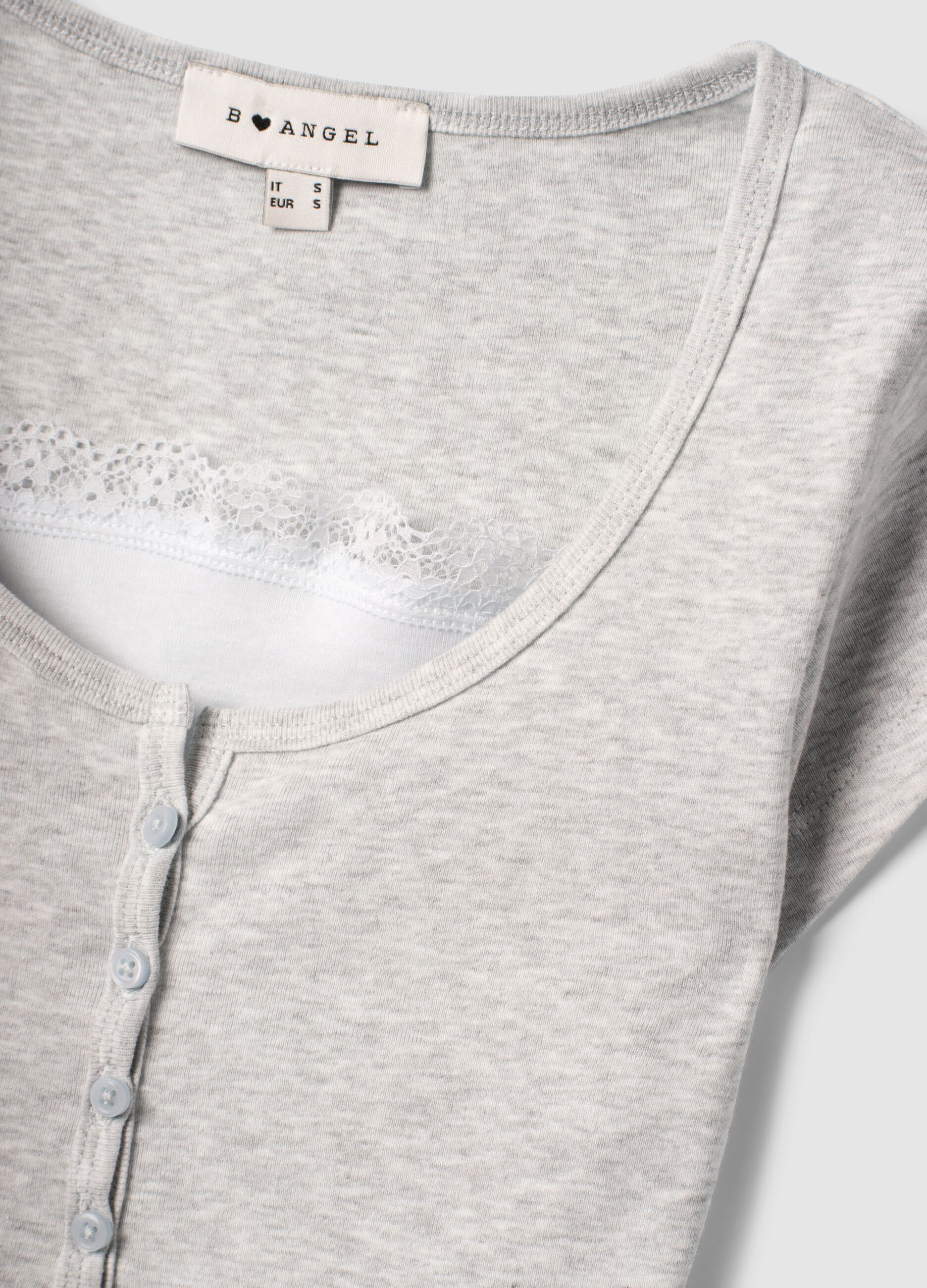Grey regular fit cotton blend T-shirt with lace detail