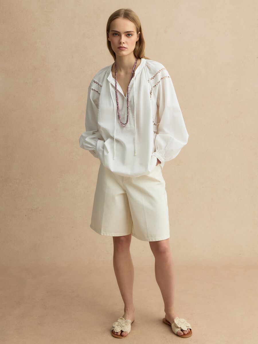 White regular fit cotton-linen blend blouse with eyelet details_1
