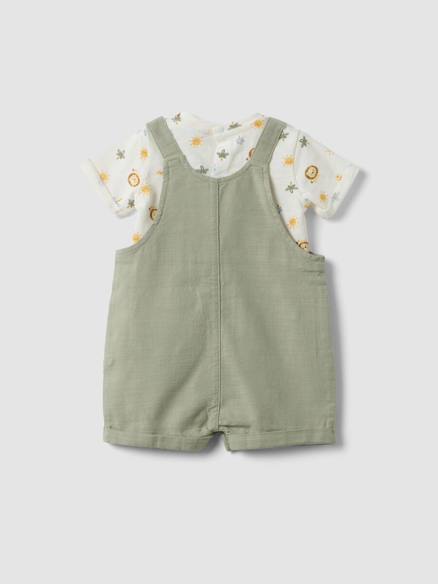 Green pure cotton set with short dungarees and printed T-shirt for babies_1