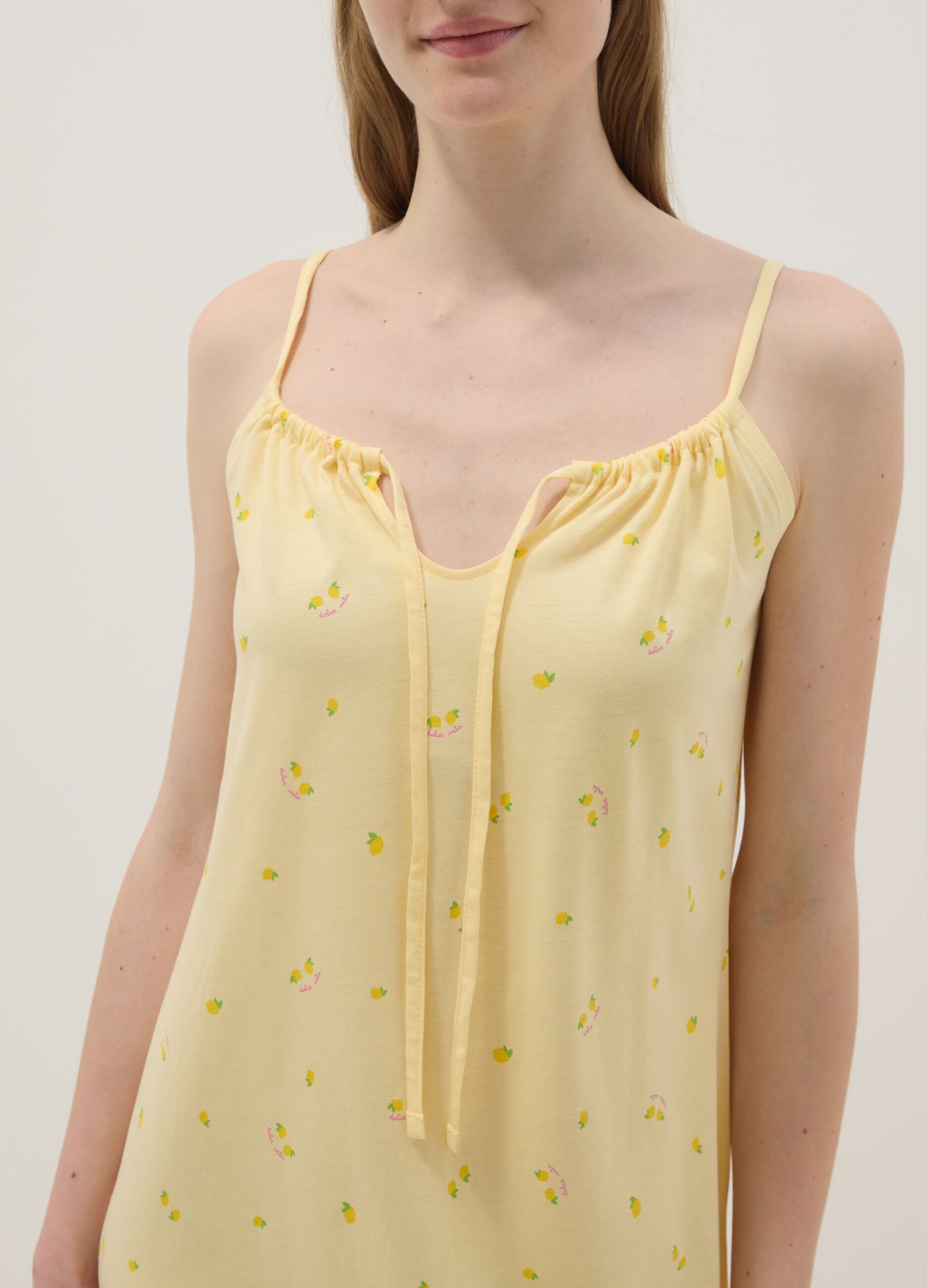 Yellow pure cotton nightdress with straps and lemon print