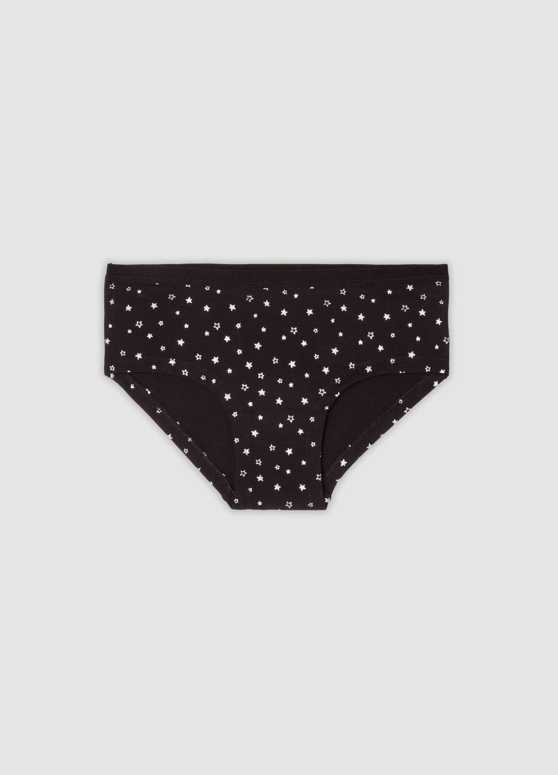 Slip culotte neri in cotone organico elasticizzato con stampa stelle