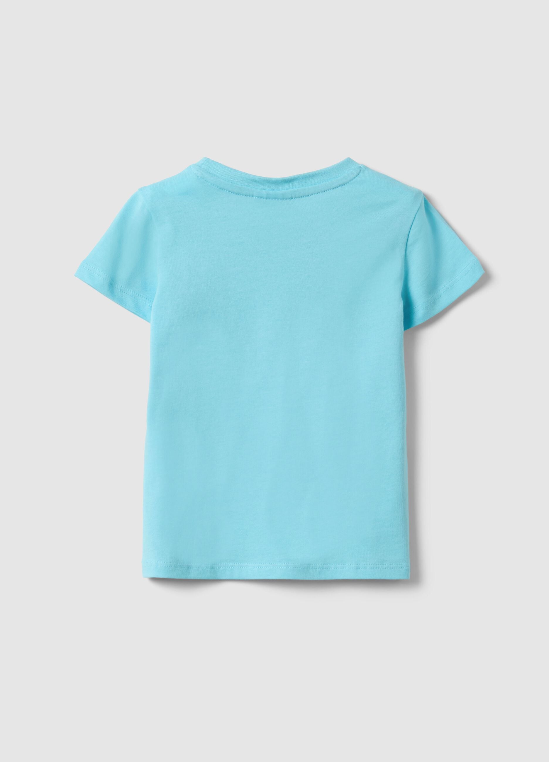 Sky blue pure cotton girl's t-shirt with cat print, regular fit