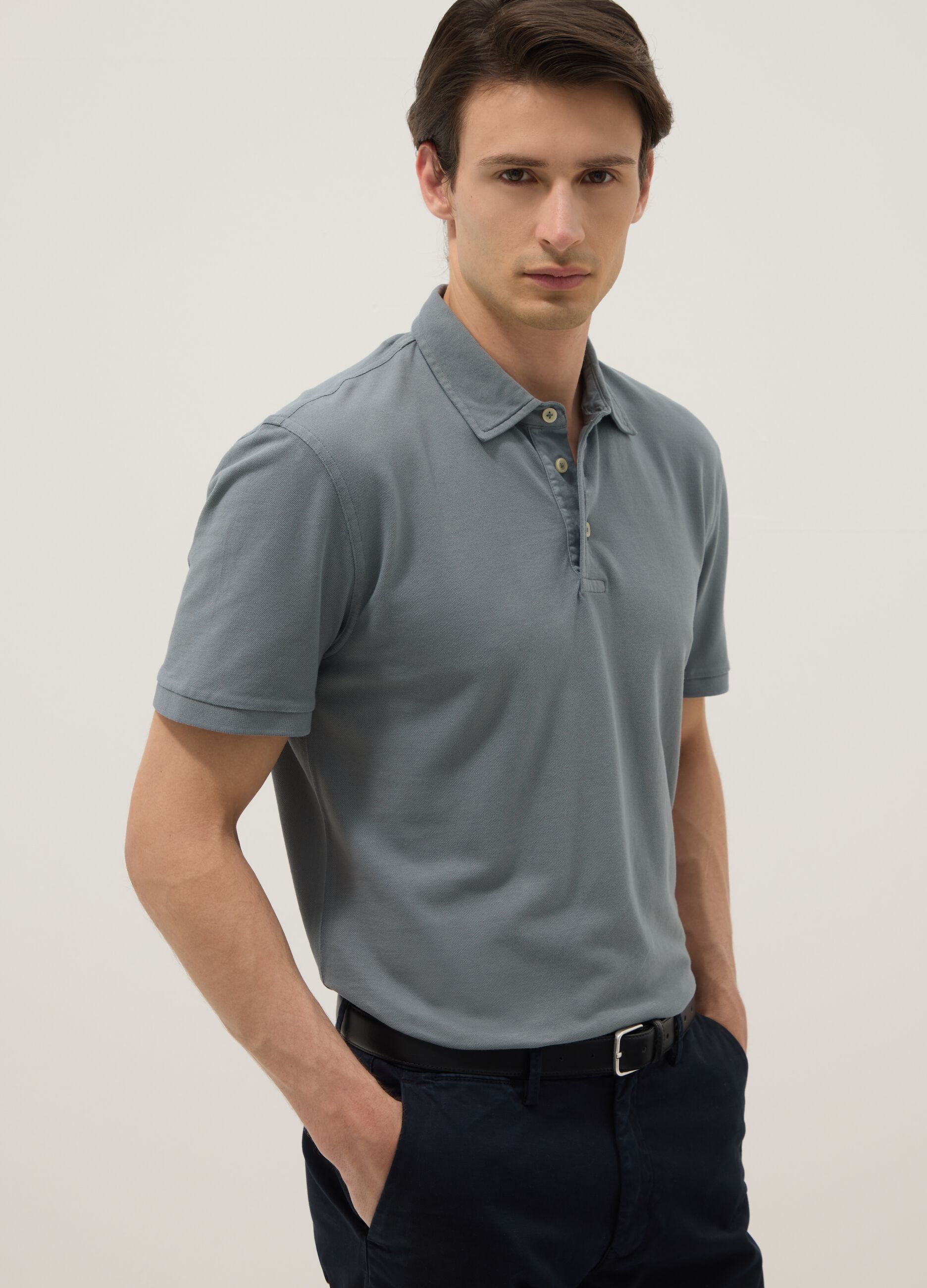 Grey pure cotton slim-fit short-sleeve polo