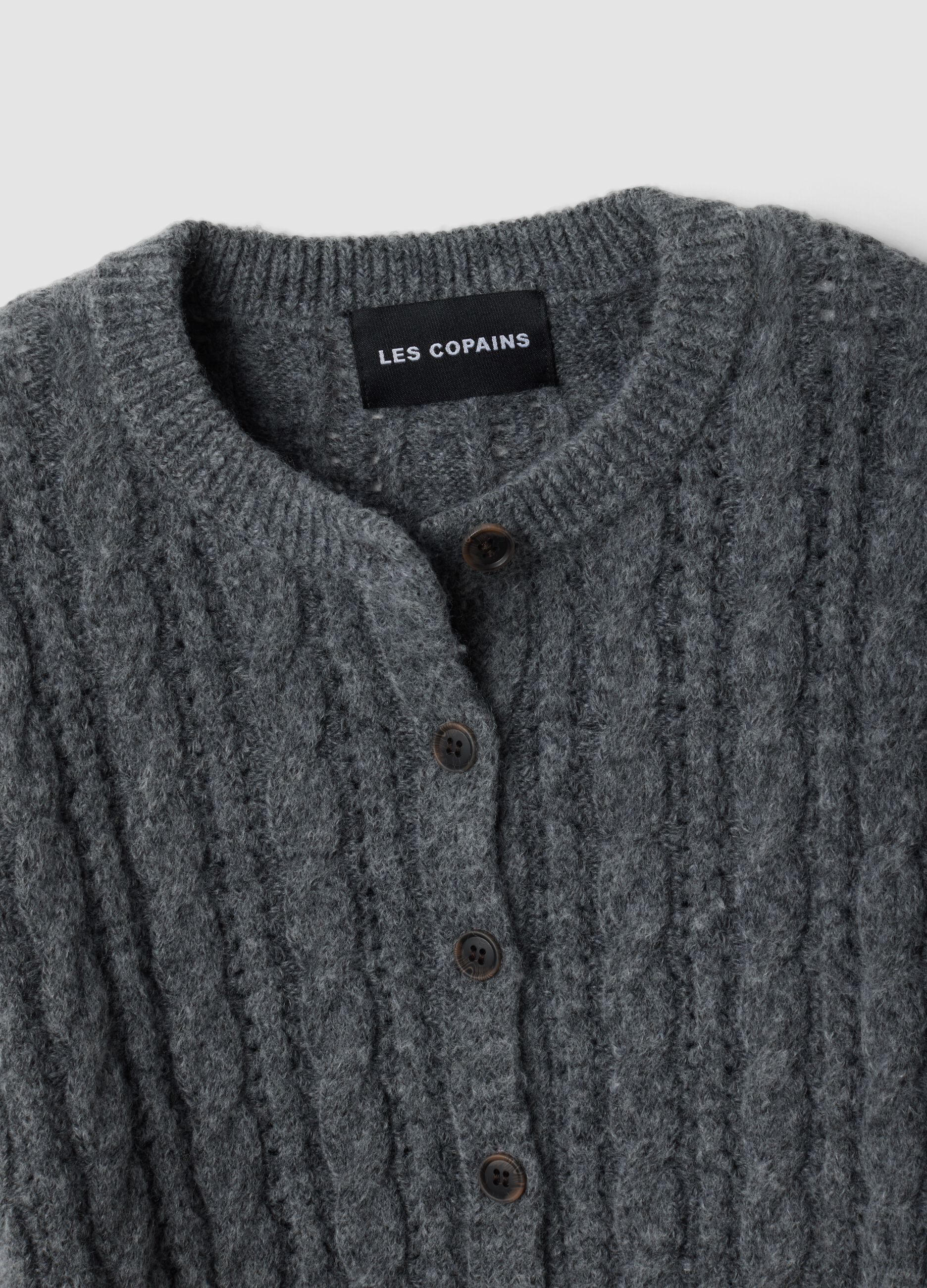 Grey wool-blend cable-knit cardigan
