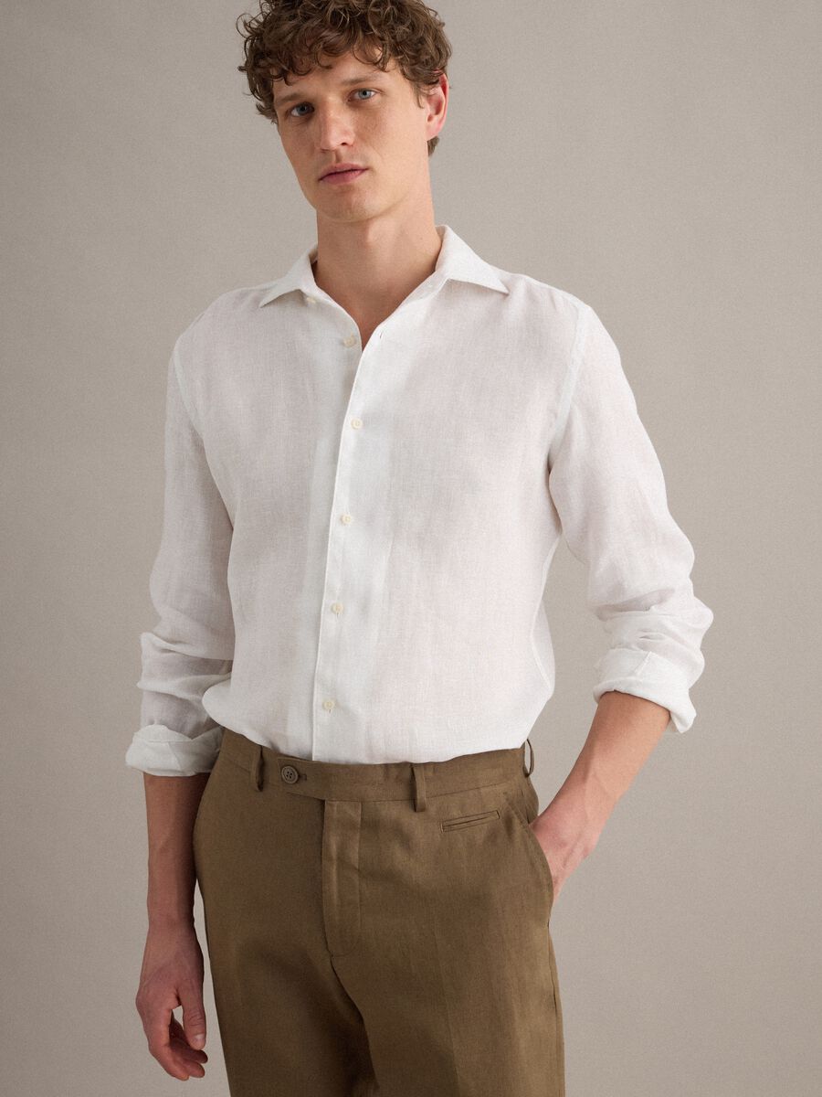 White pure linen long-sleeve slim fit shirt_1