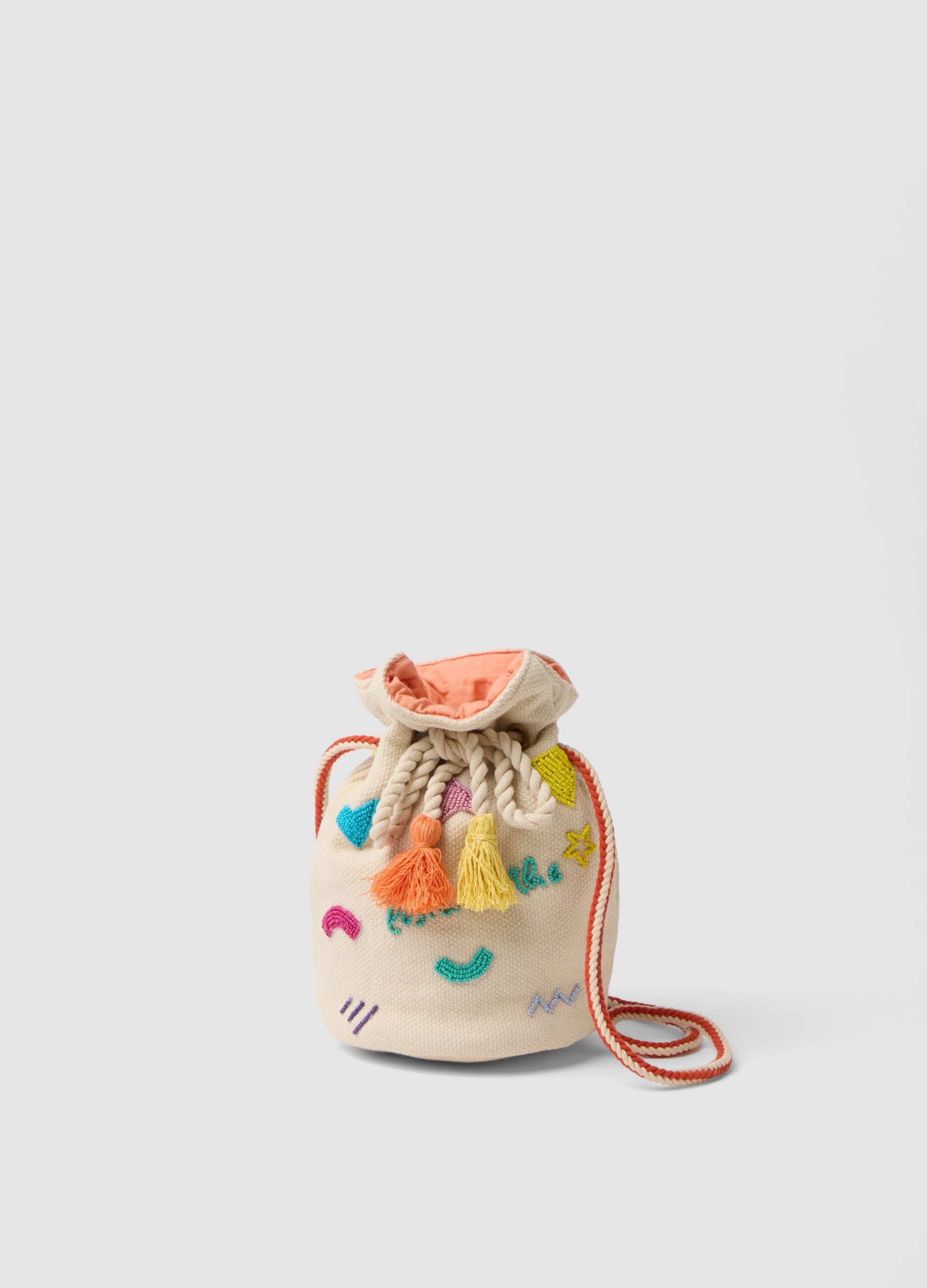White pure cotton bucket bag with colourful crochet details