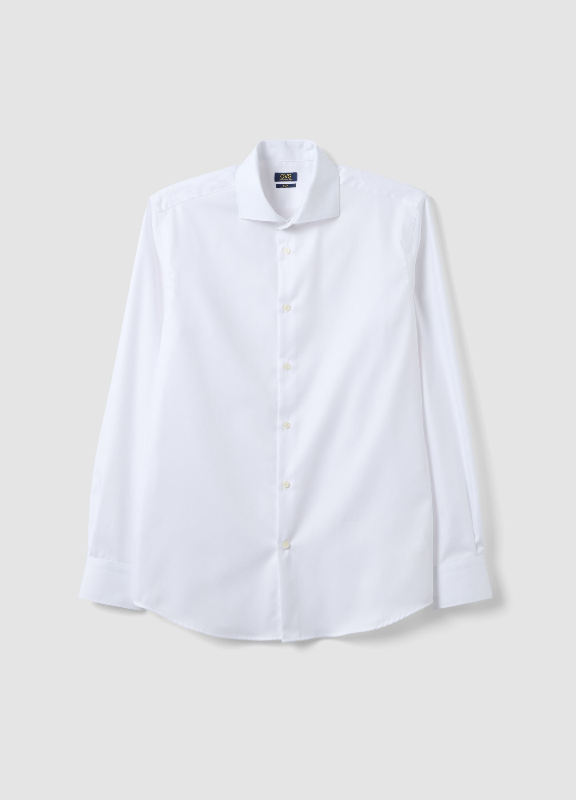 White slim-fit pure cotton twill shirt with French collar, non-iron