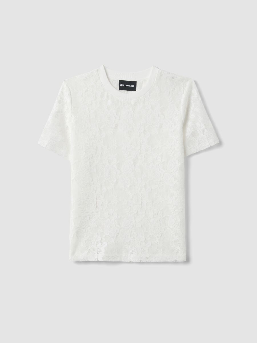 White regular fit t-shirt with floral net pattern_4