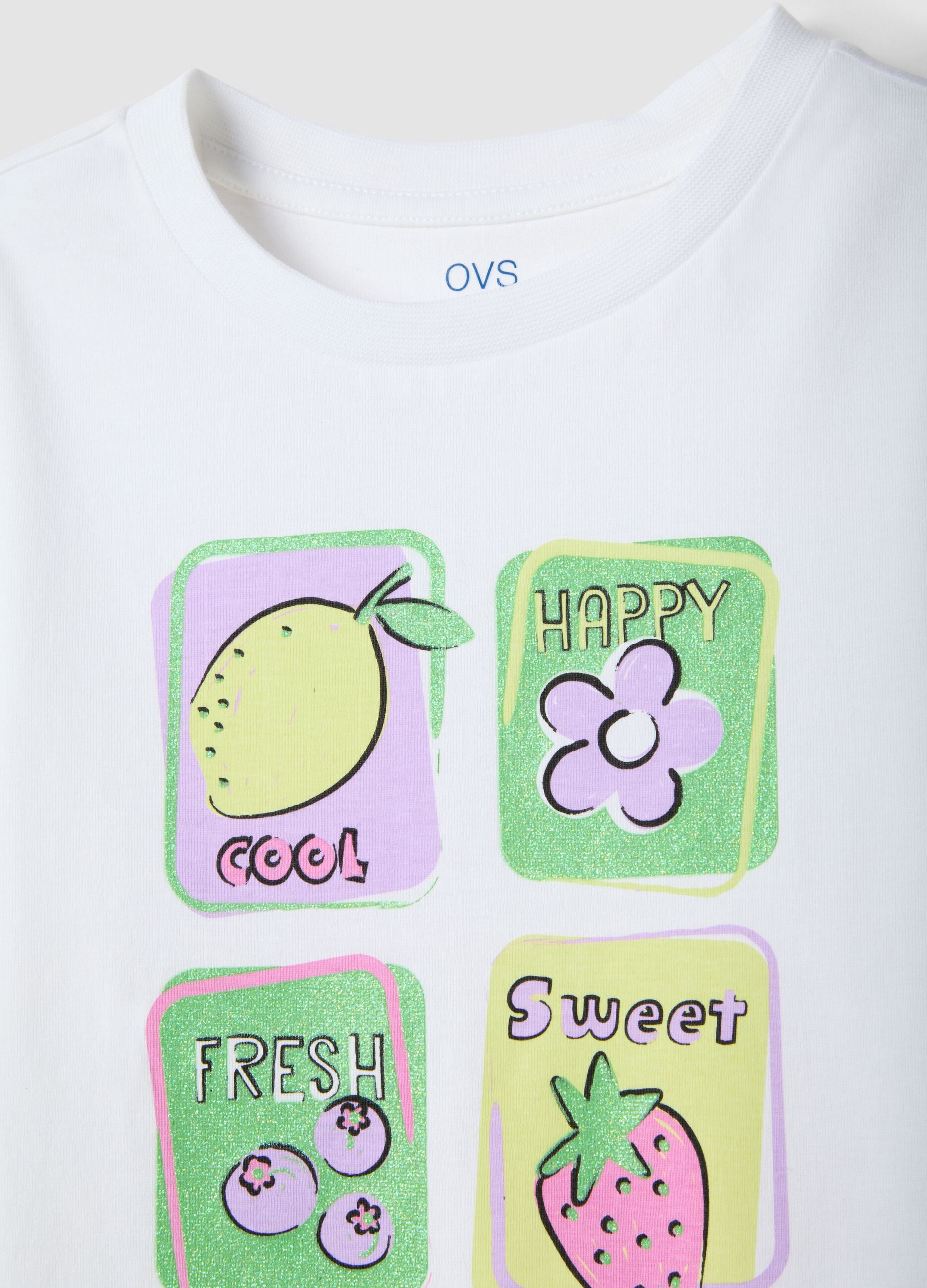 Girls' white pure cotton t-shirt regular fit with fruit