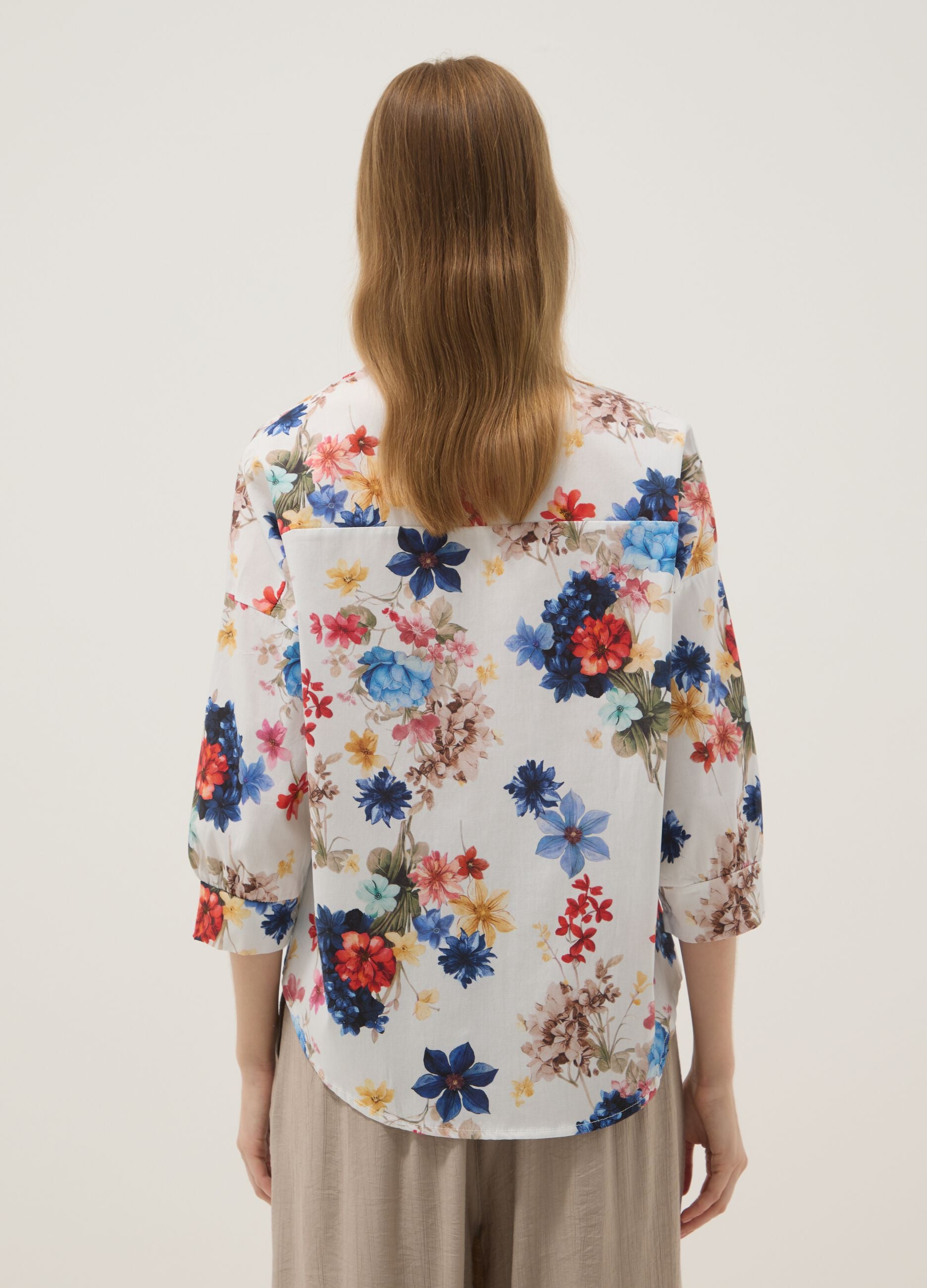 White stretch cotton floral shirt