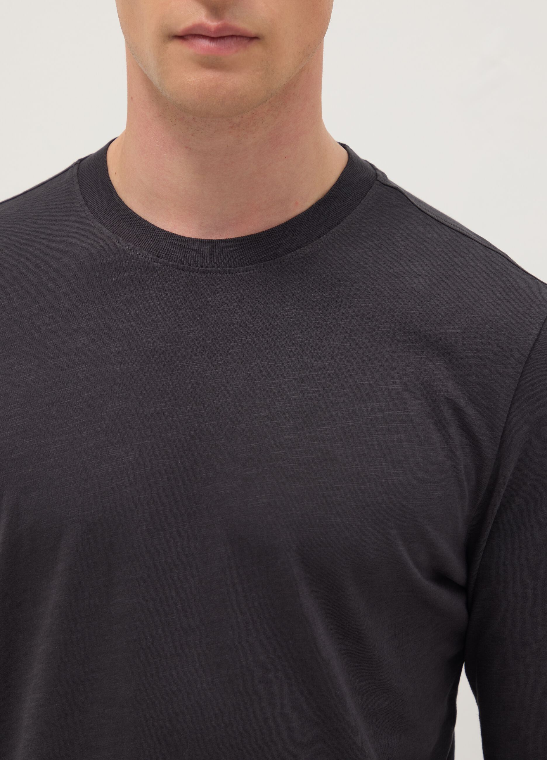 Grey long-sleeve pure cotton regular fit T-shirt