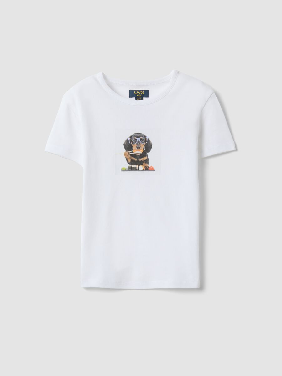 Girls&rsquo; white pure cotton slim-fit T-shirt with dog print_3