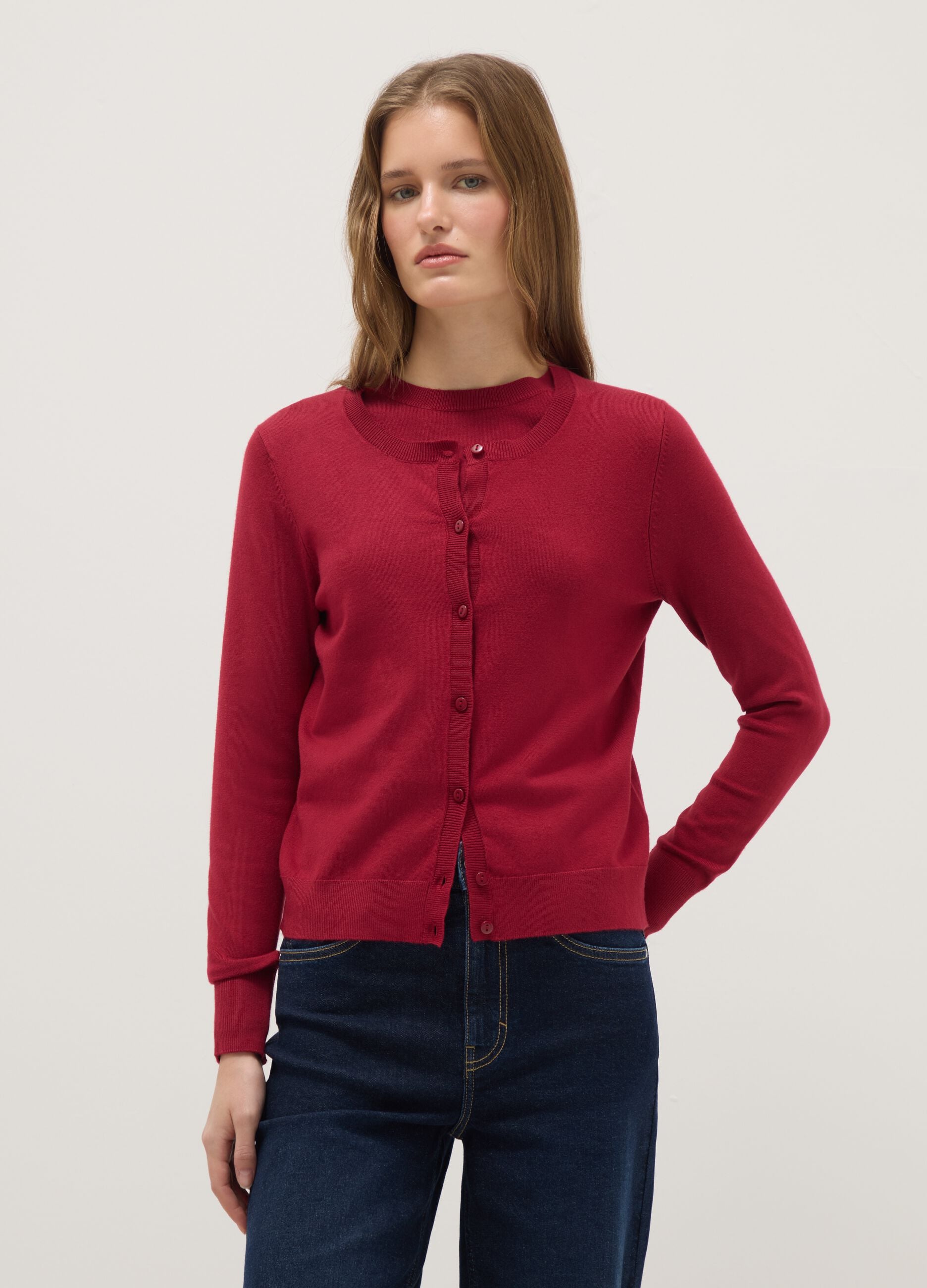 Regular fit red crew neck cardigan