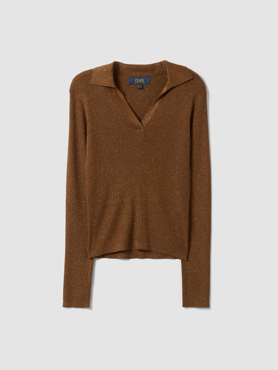 Brown ribbed viscose-blend polo-collar top_4