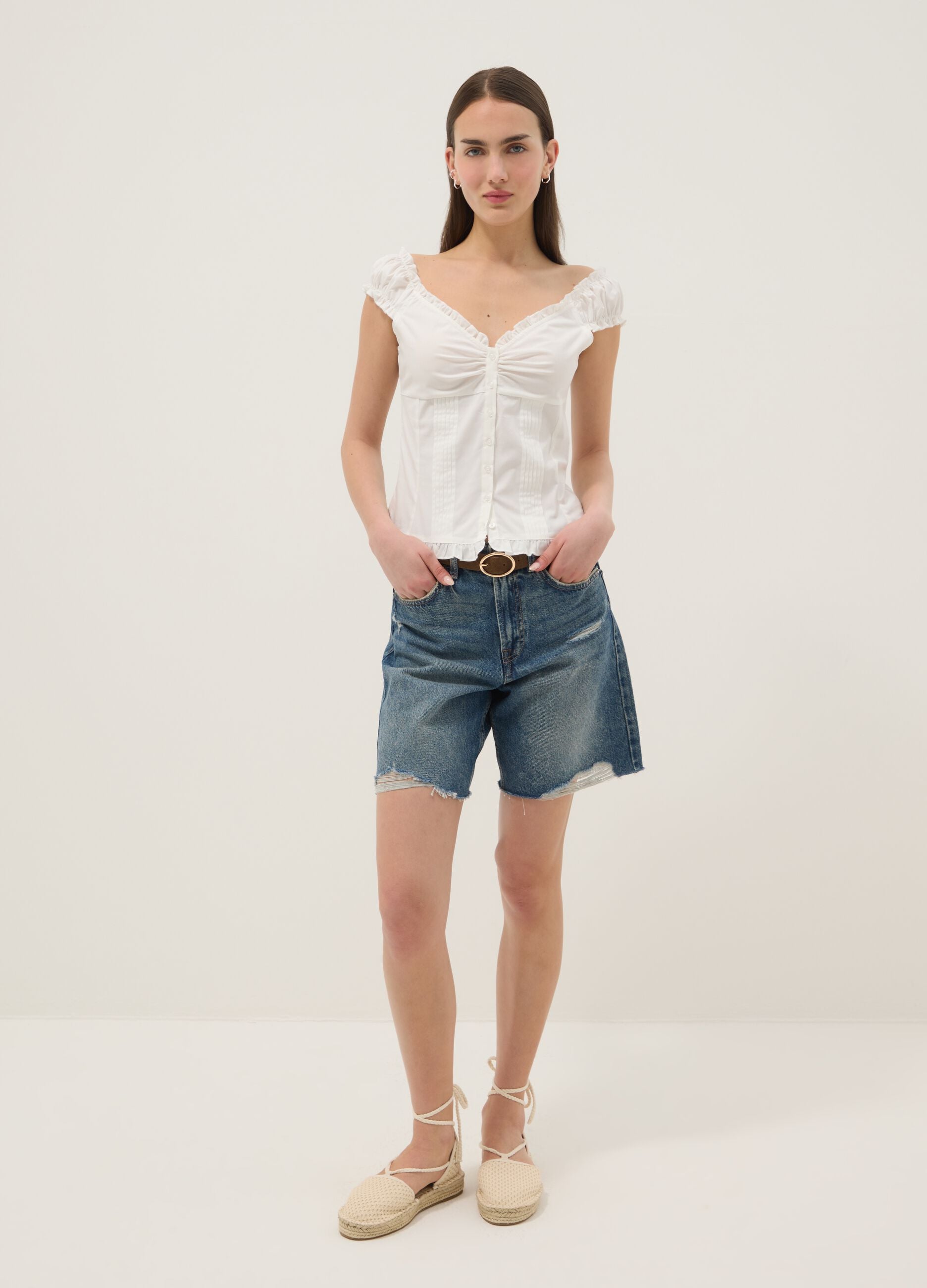 White stretch cotton blouse with buttons and ruffles, regular fit