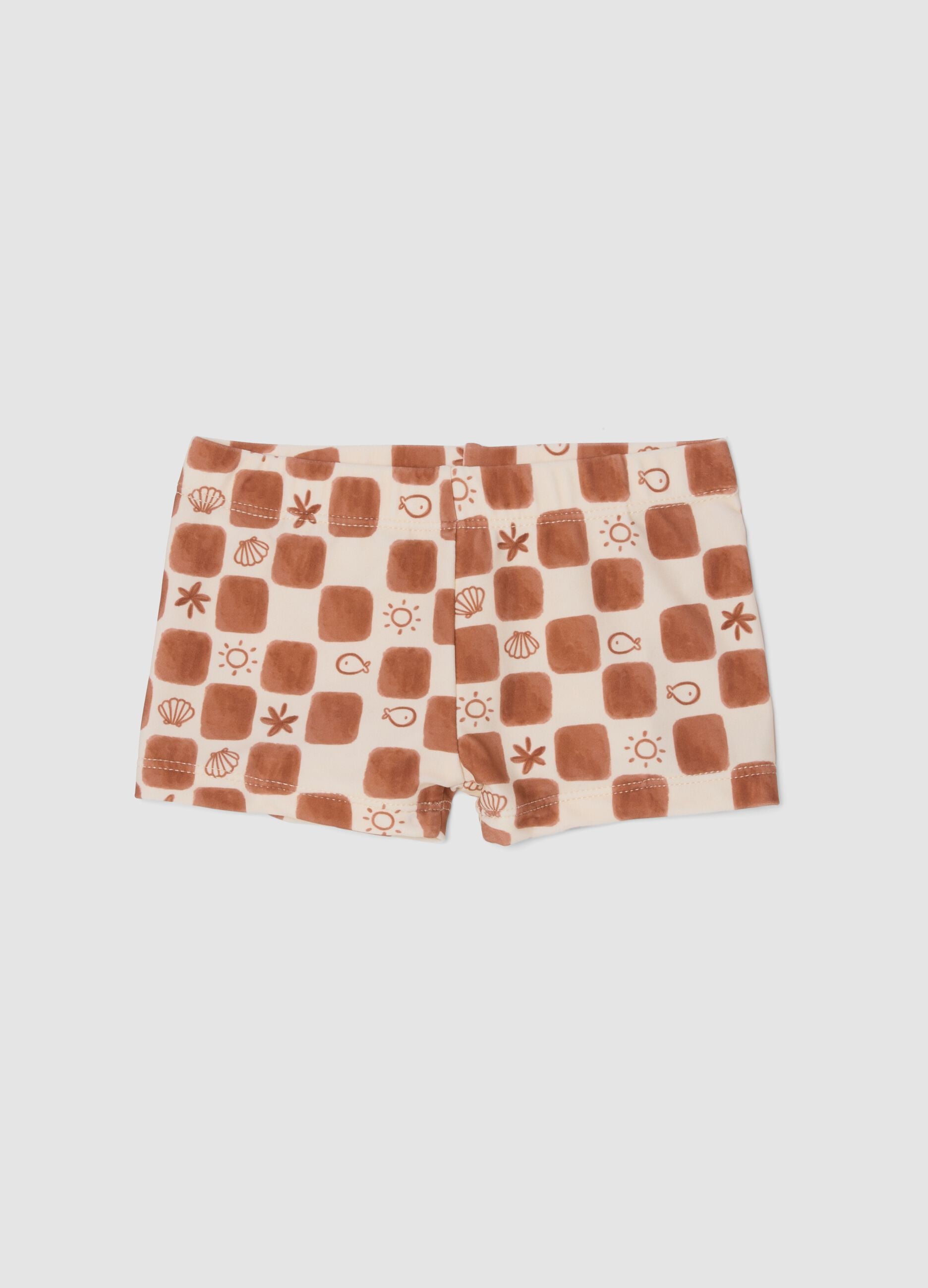 Brown checked stretch fabric boxer swim shorts for baby boy