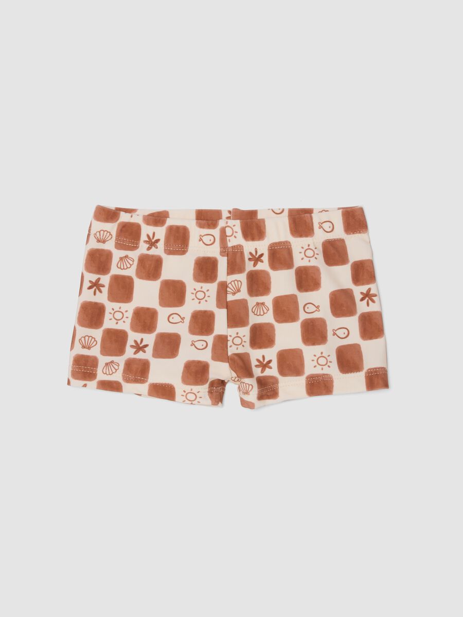 Brown checked stretch fabric boxer swim shorts for baby boy_0