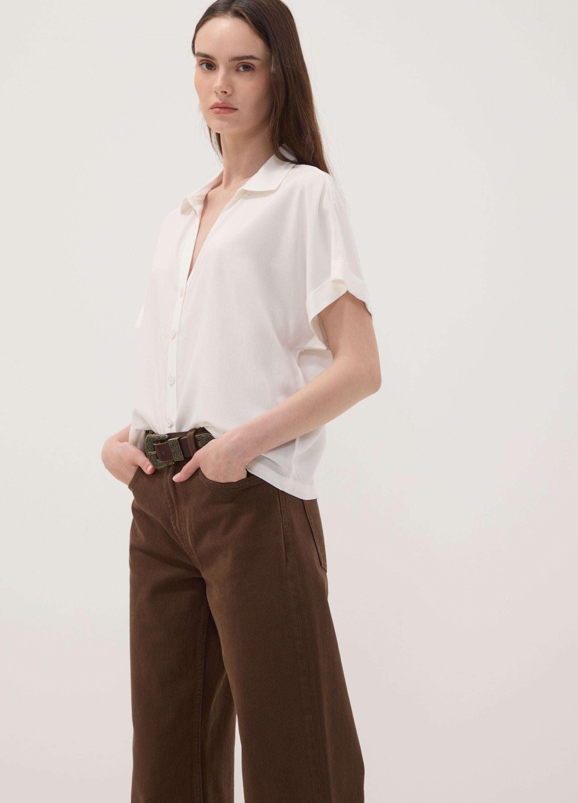 Brown straight-fit pure cotton jeans
