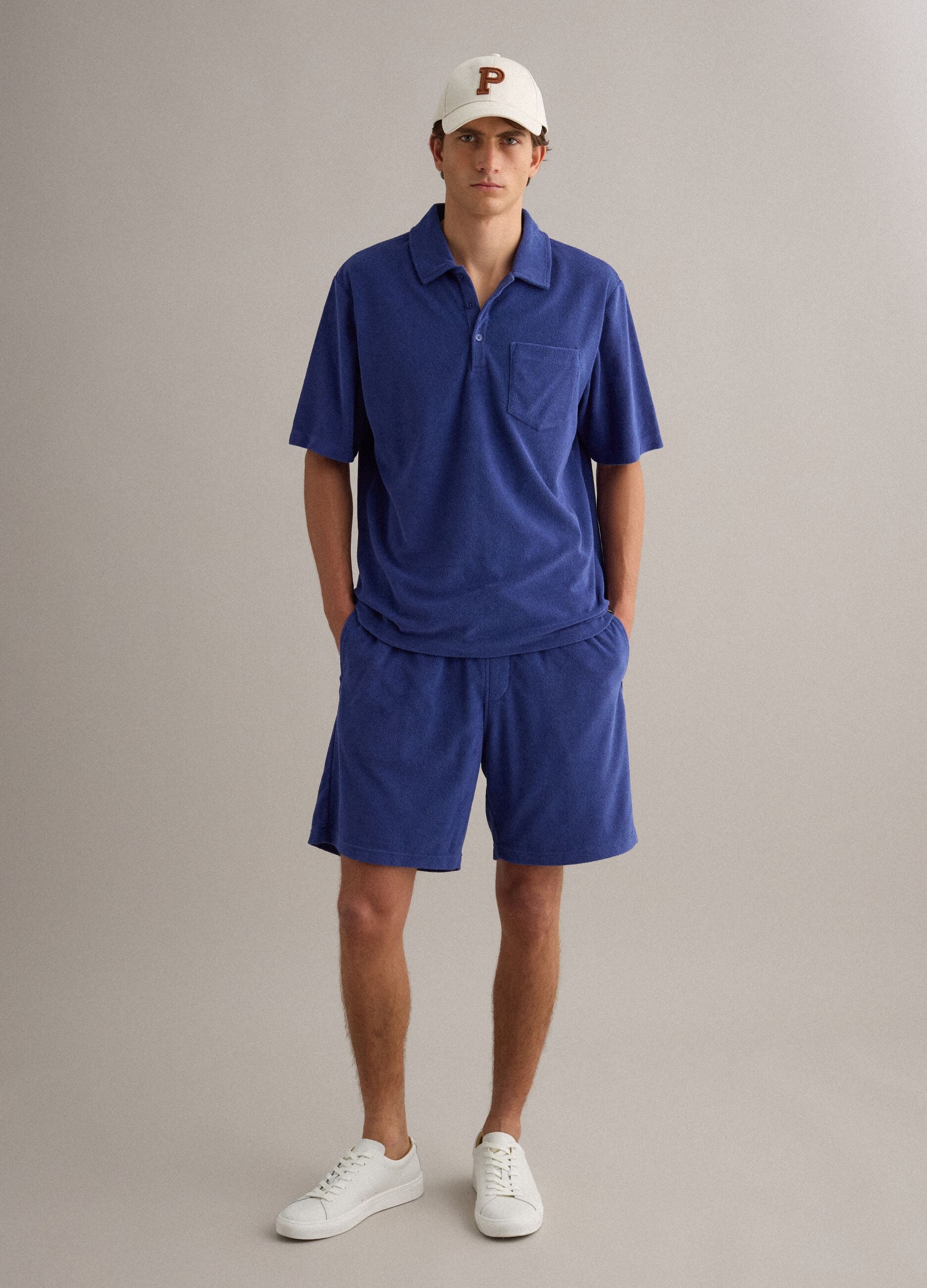 Blue short-sleeved cotton-blend polo shirt
