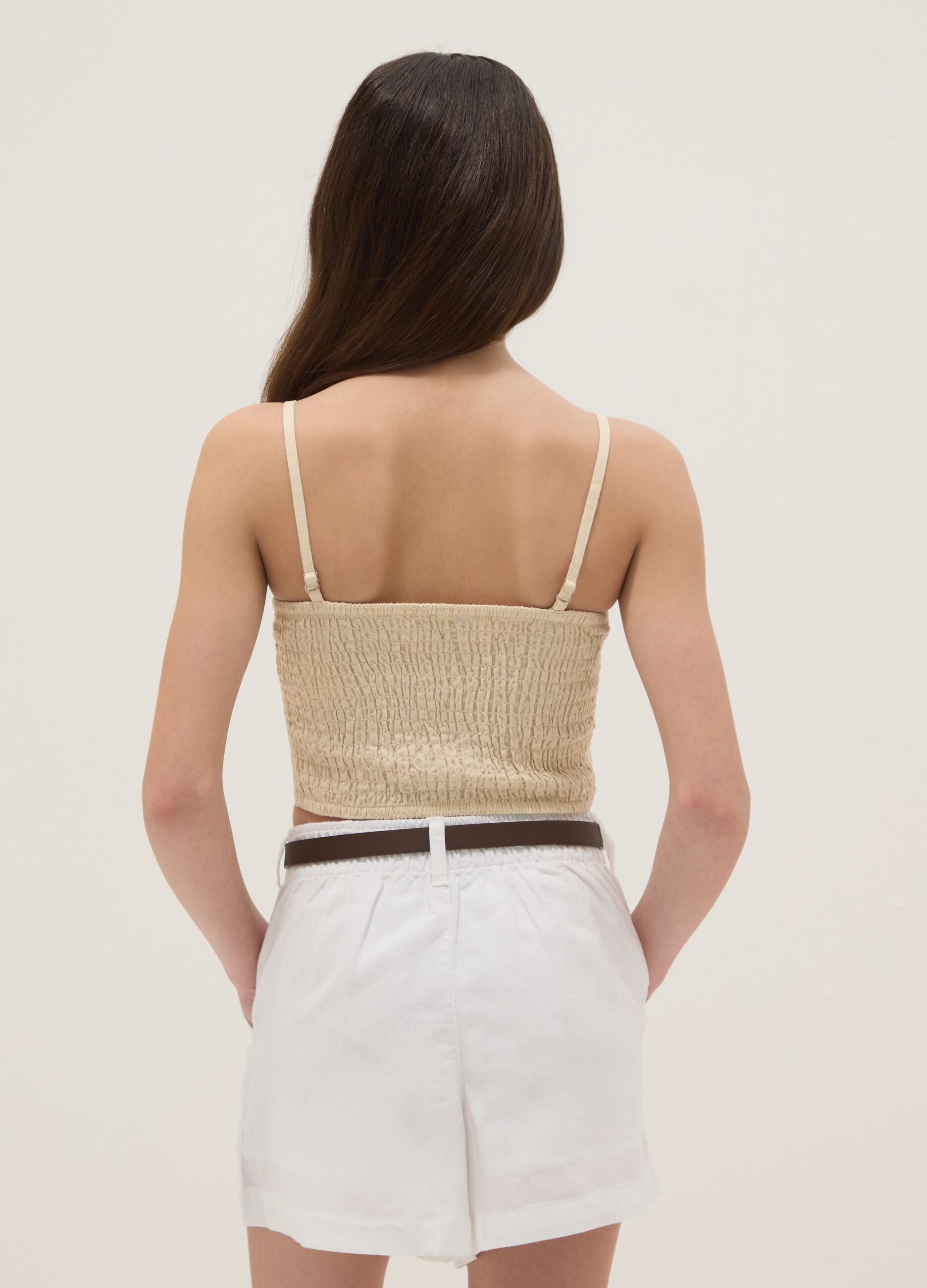 Girls' slim fit beige short top in linen and cotton blend