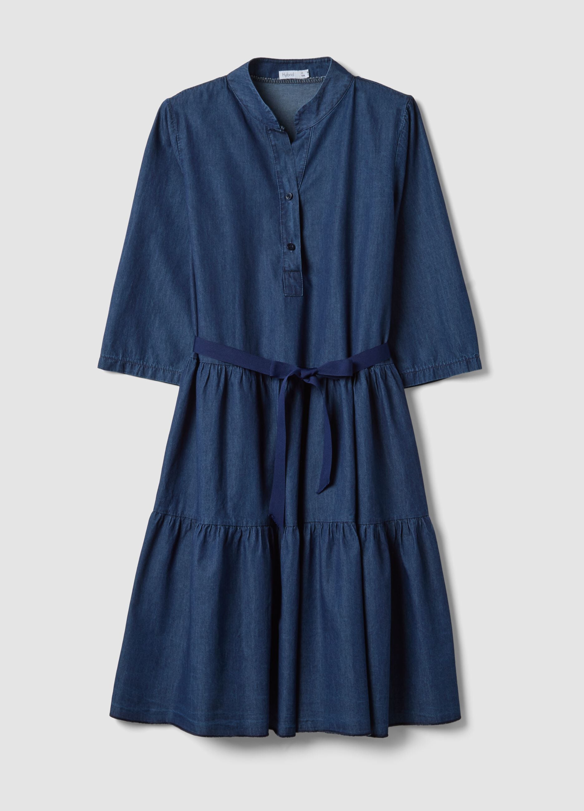 Blue stretch-cotton shirt dress with belt, regular fit