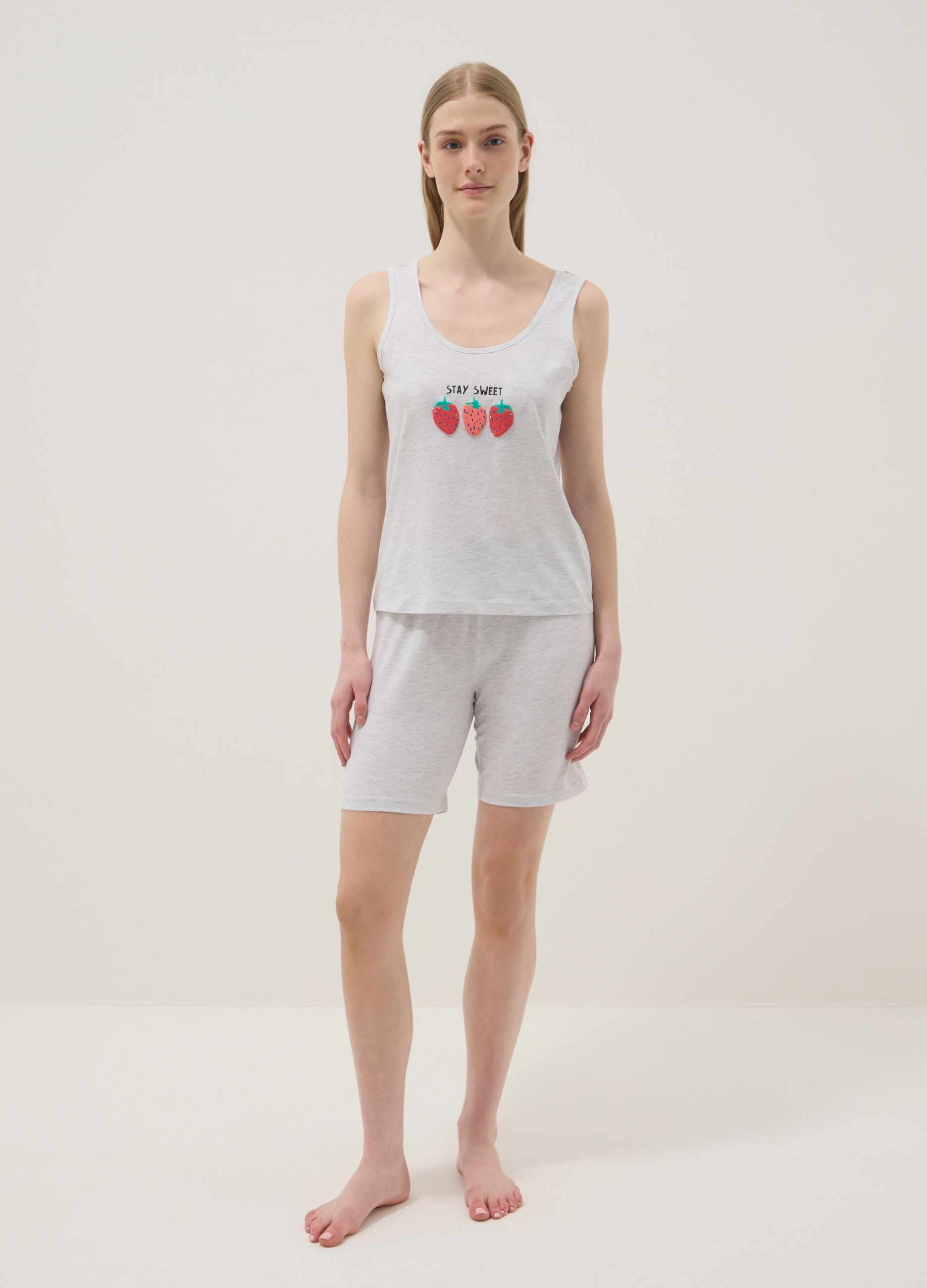 Grey stretch cotton pyjama regular fit with strawberries