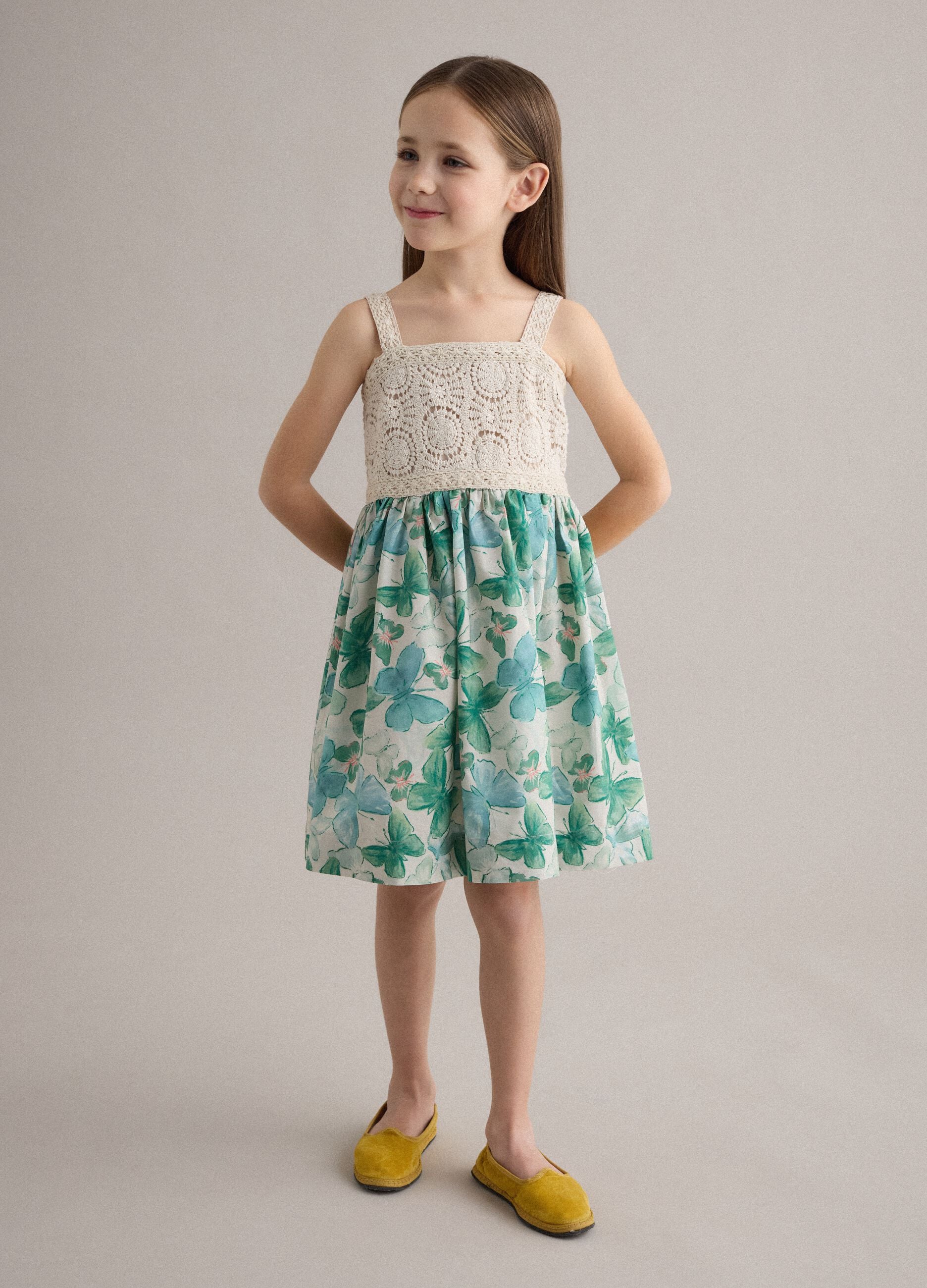 Pure cotton dress with crochet details and floral print