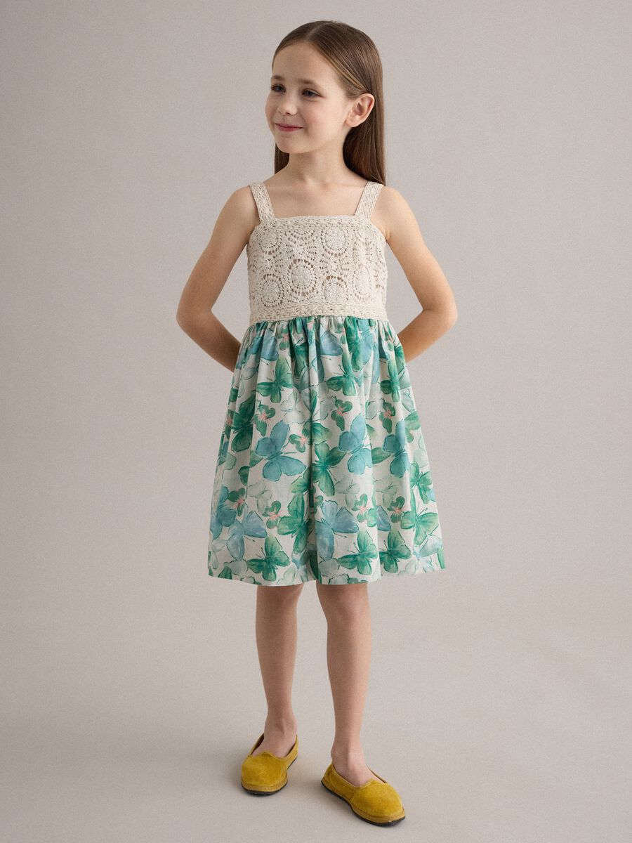 Pure cotton dress with crochet details and floral print_0
