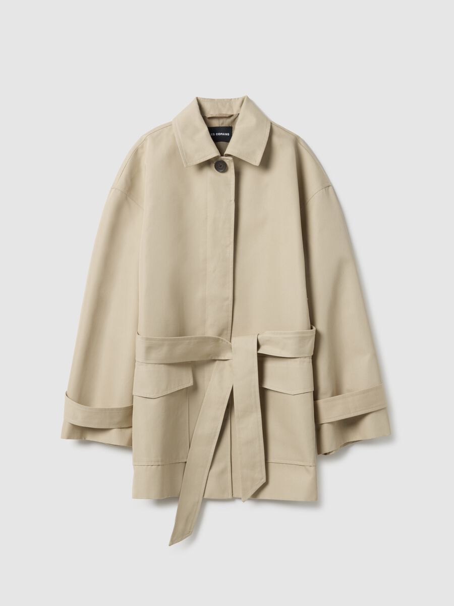 Beige cotton blend regular fit trench with belt_4