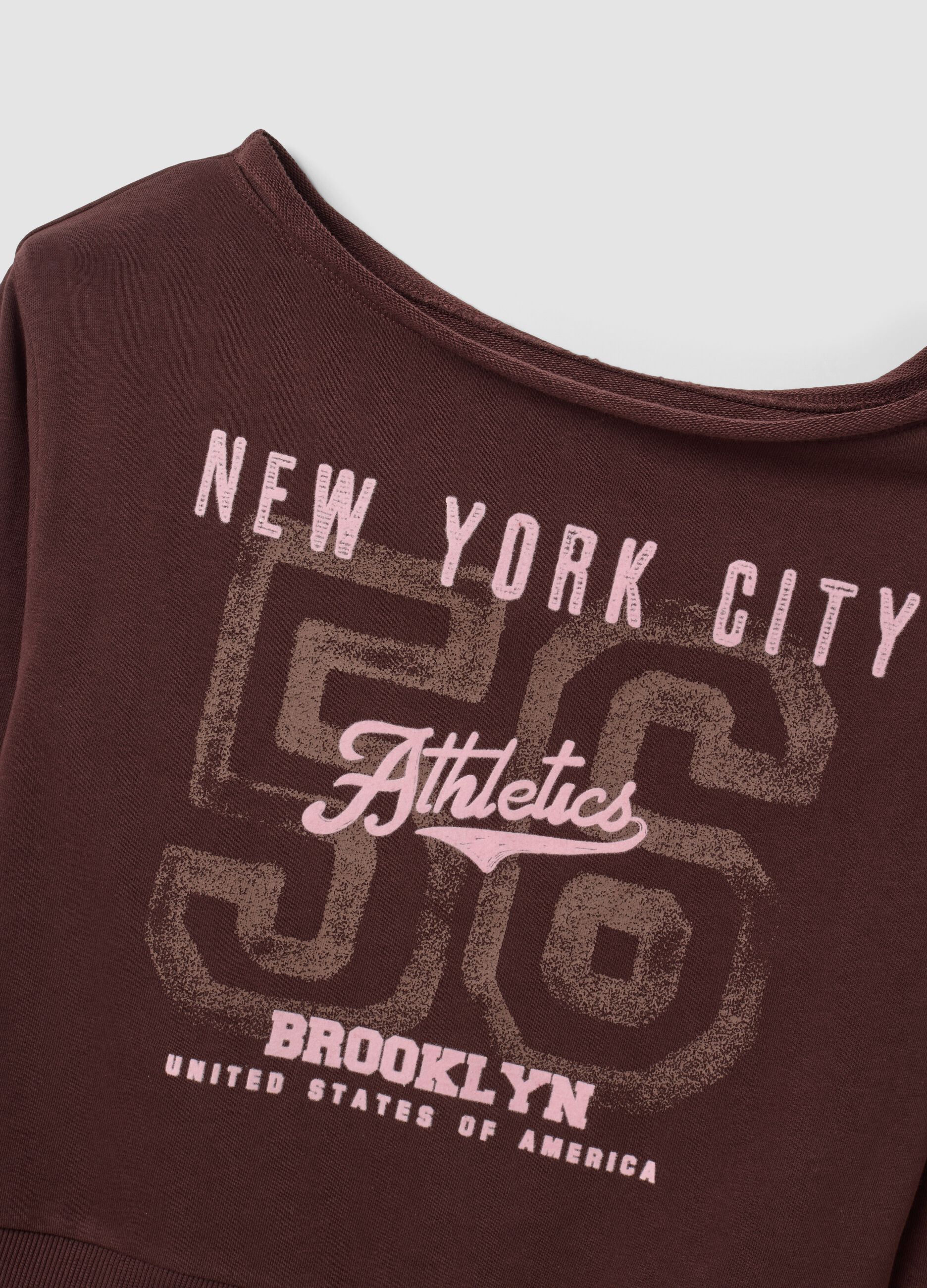 Brown cotton-blend sweatshirt with wide neckline, regular fit