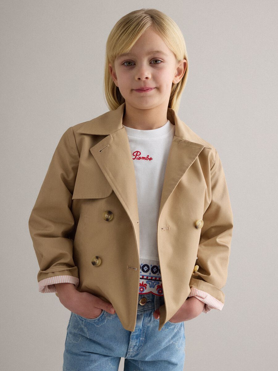Double-breasted beige cotton blend girl's trench coat with embroidery_0