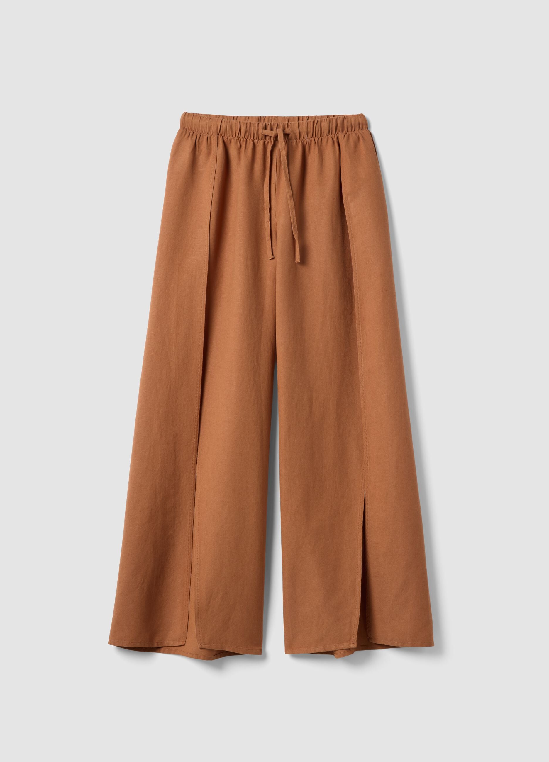 Pantaloni marroni in misto lino e viscosa wide leg