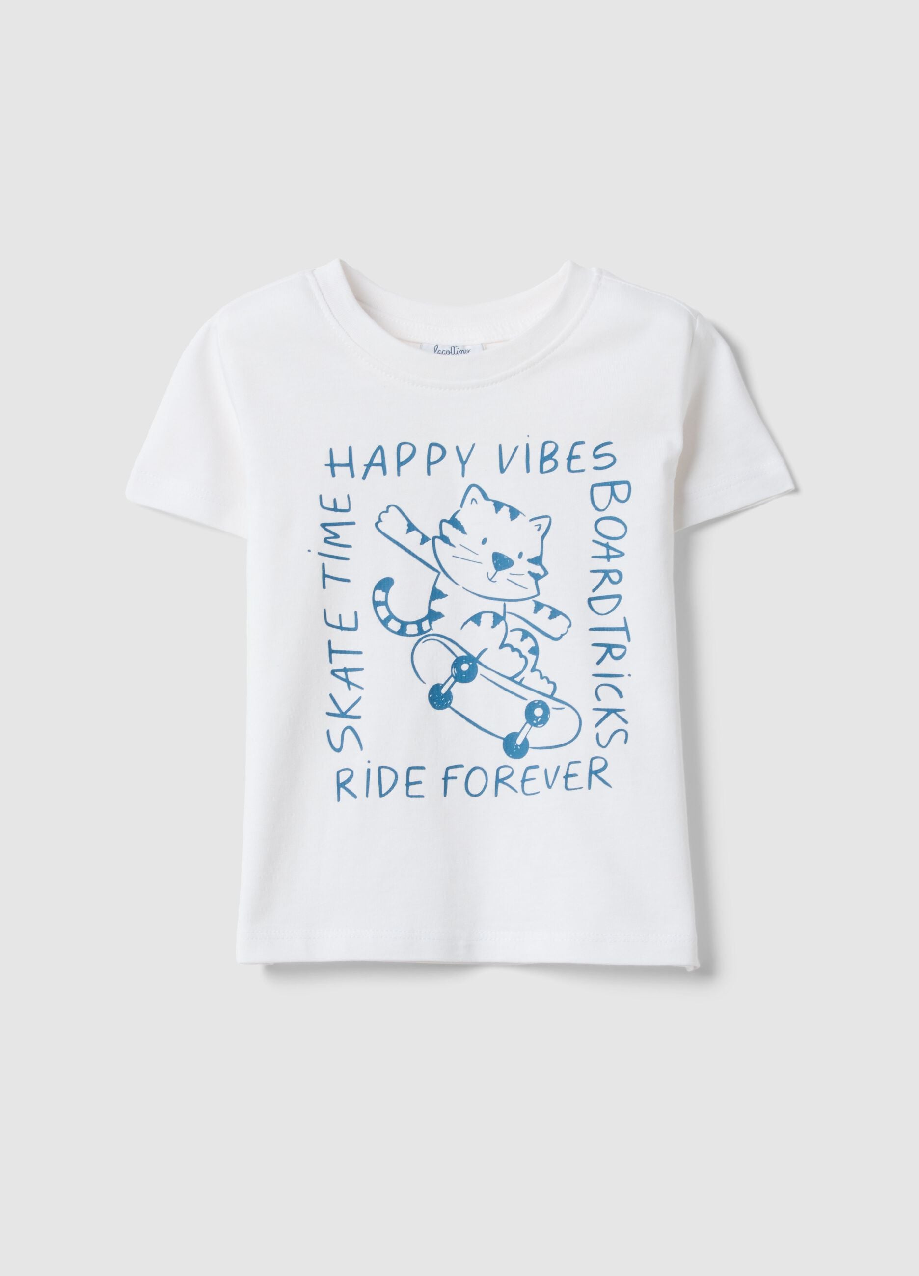 White pure cotton children's T-shirt, regular fit with print