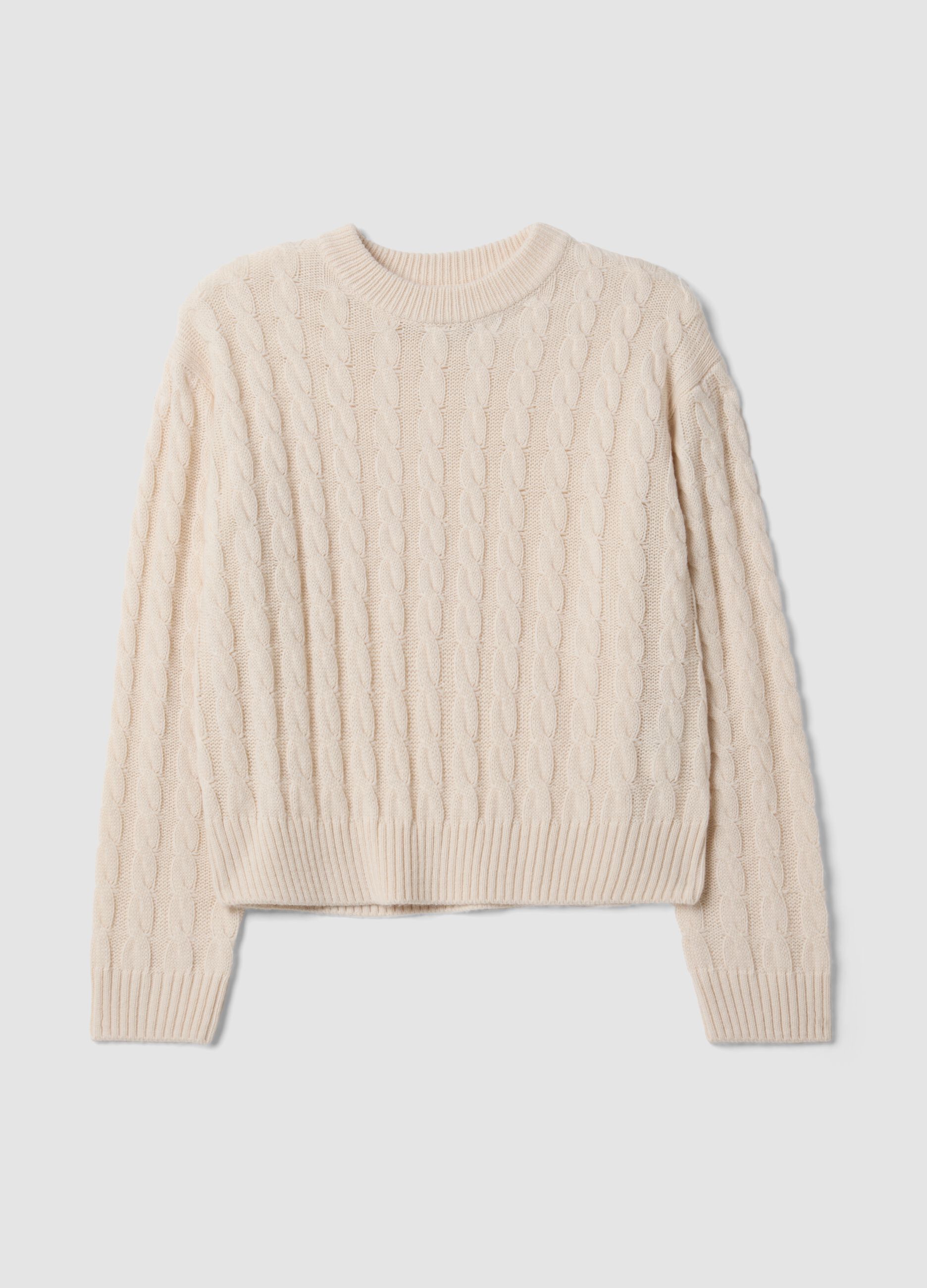 Beige wool-blend cable-knit crew-neck jumper in an oversized fit