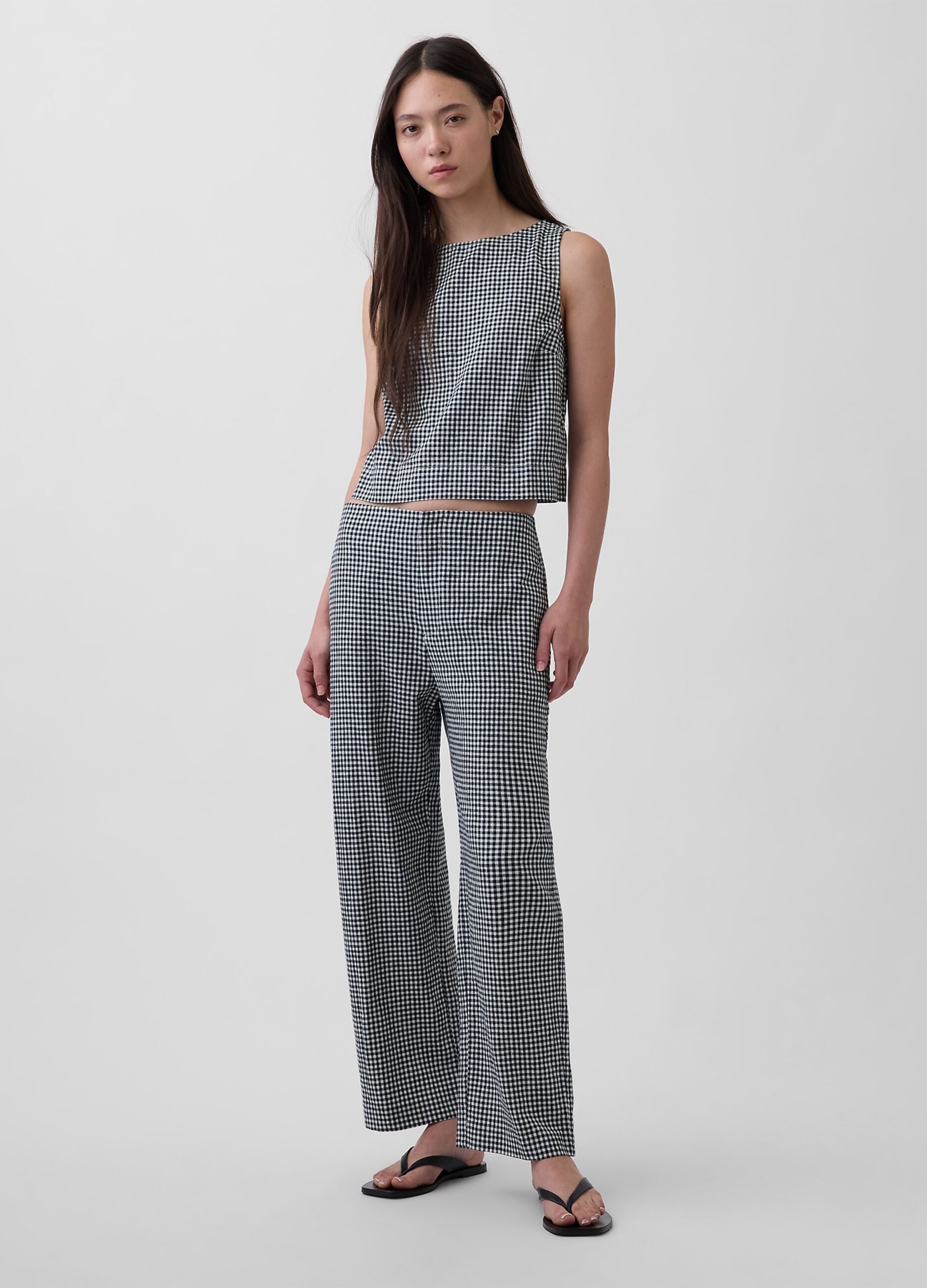 Checked linen-blend trousers