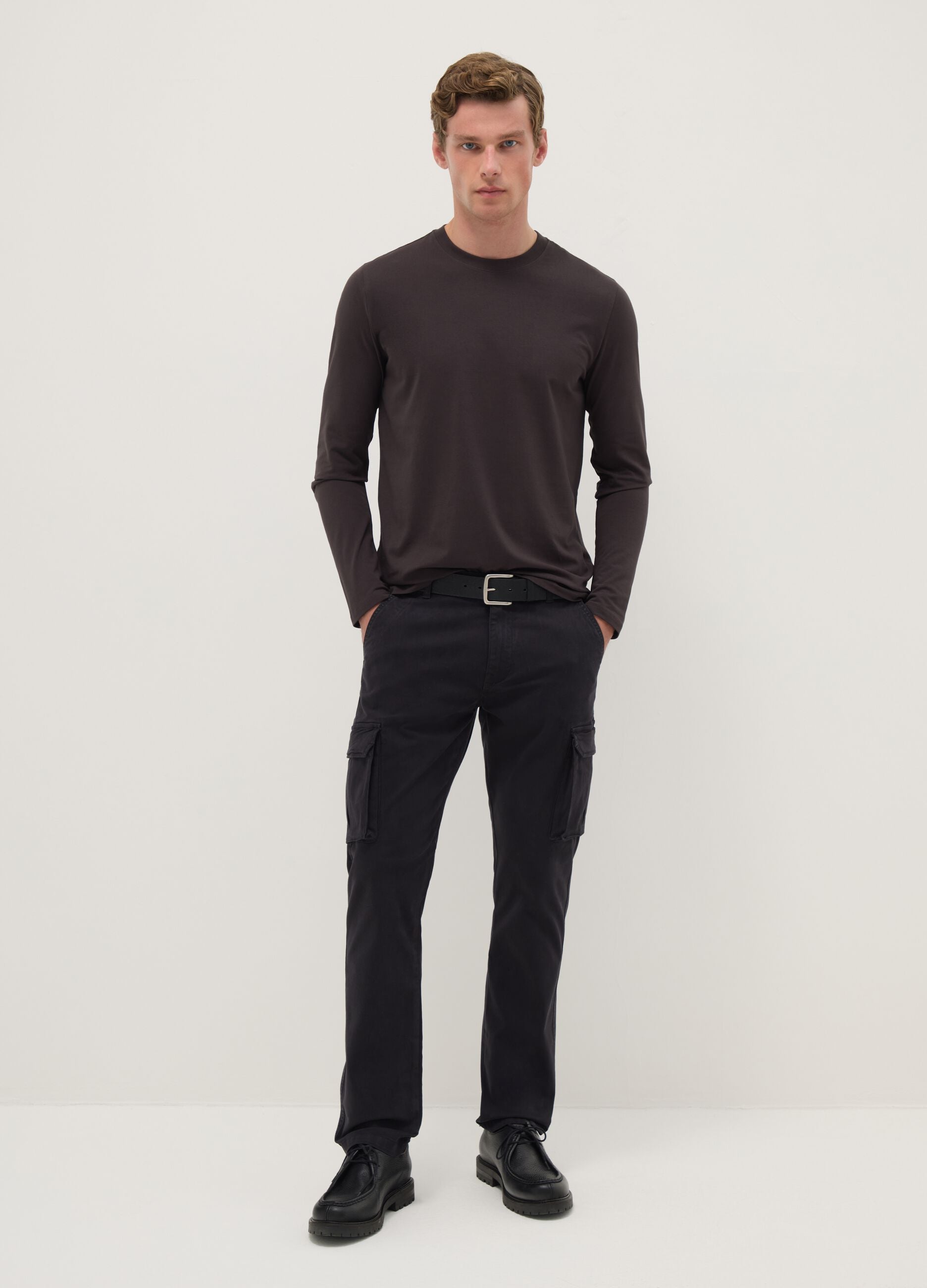 Brown long-sleeve T-shirt in stretchy cotton regular fit