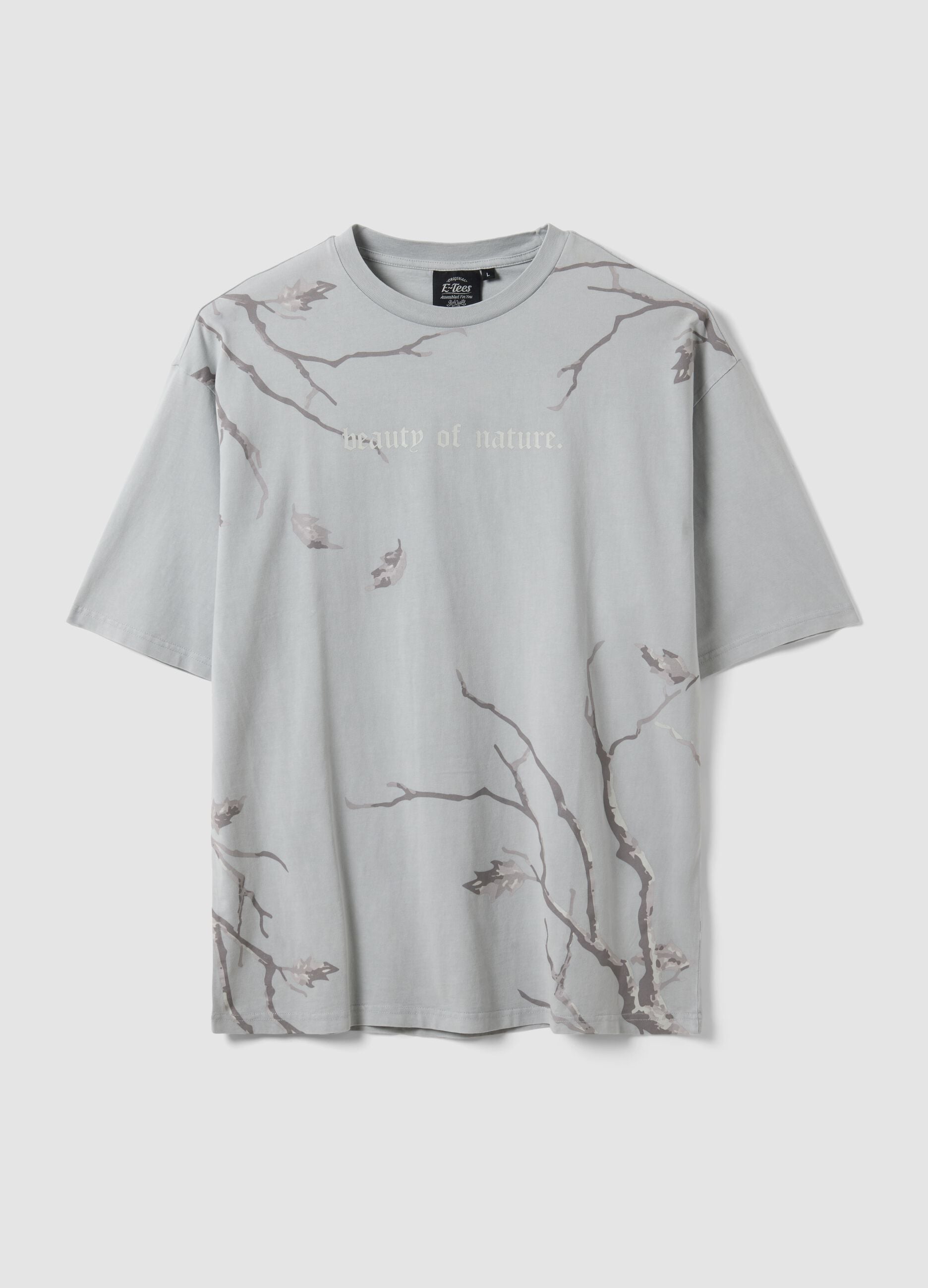 Grey pure cotton T-shirt with foliage print