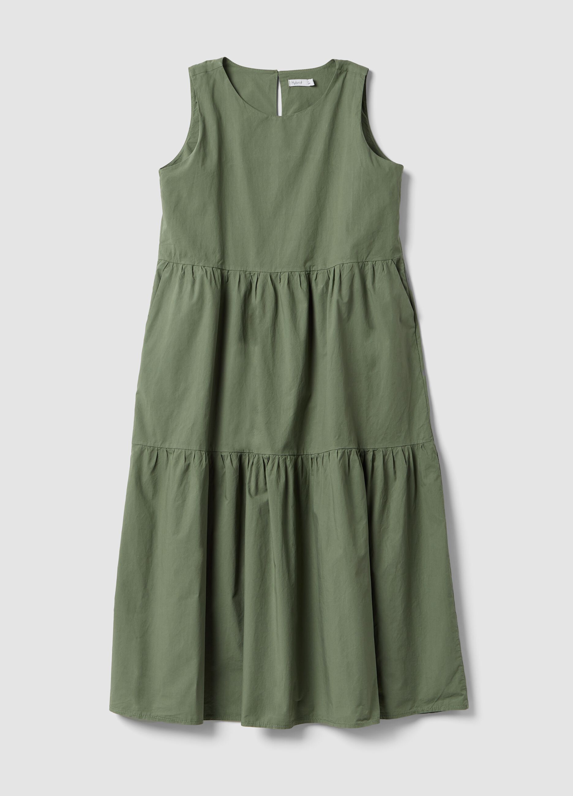 Green sleeveless pure cotton dress with tiered skirt, regular fit