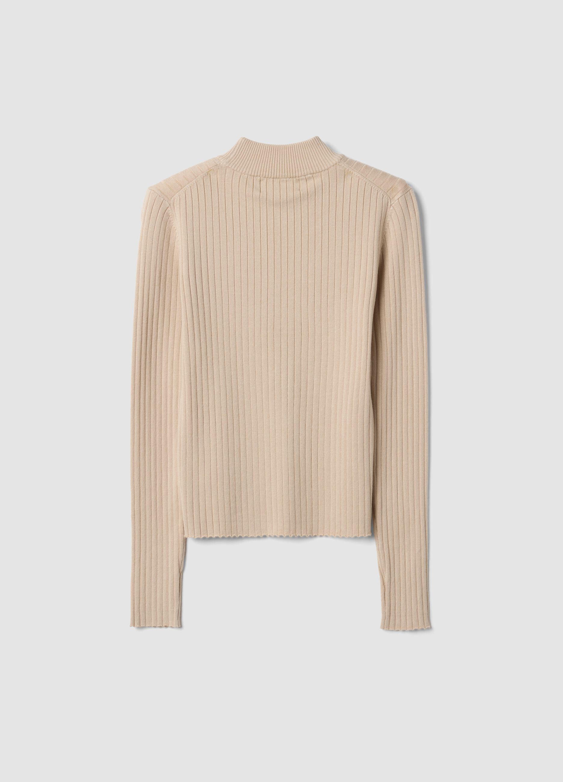 Beige ribbed viscose-blend top with high neck