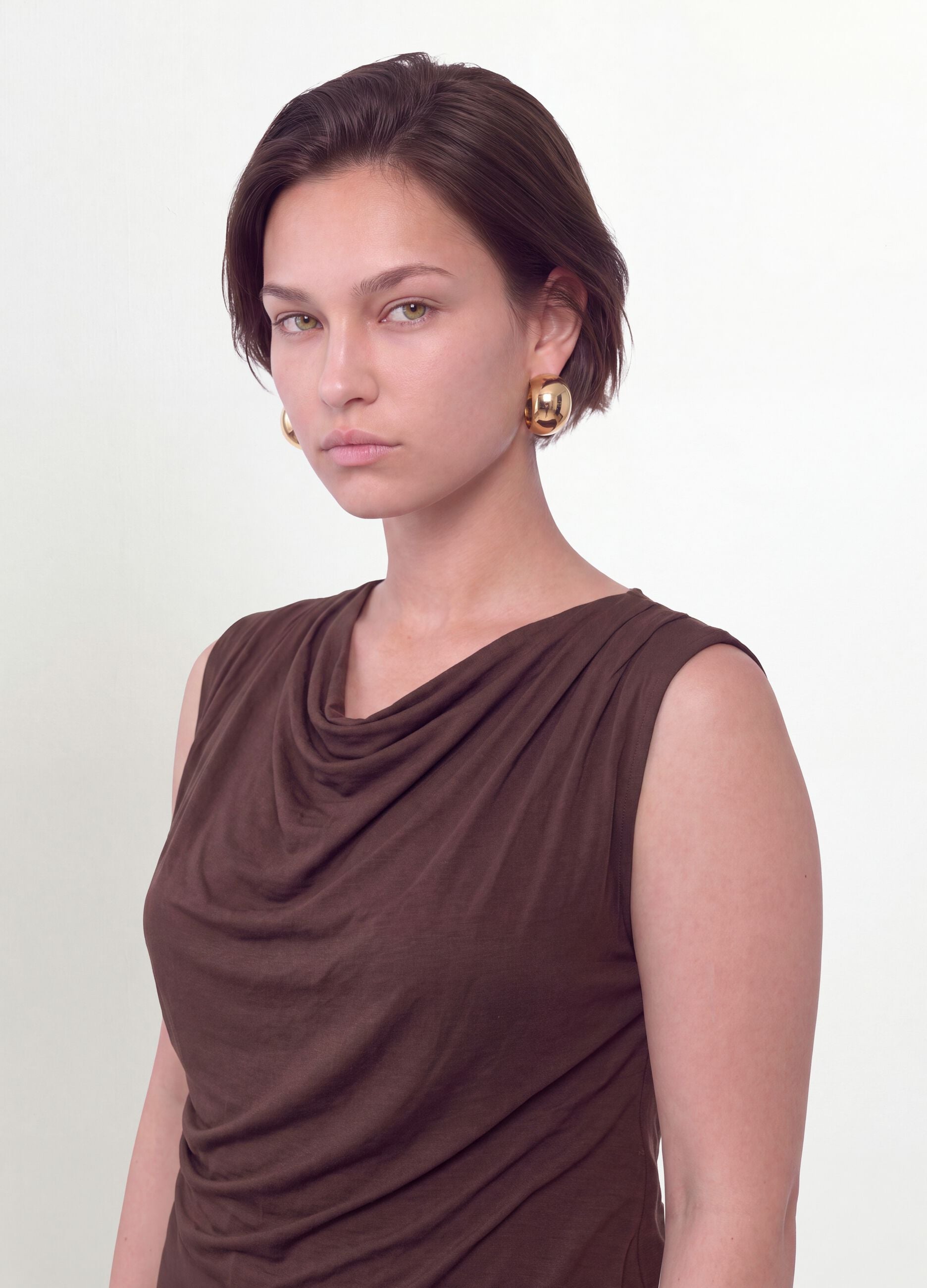 Brown stretch viscose T-shirt with draped neckline
