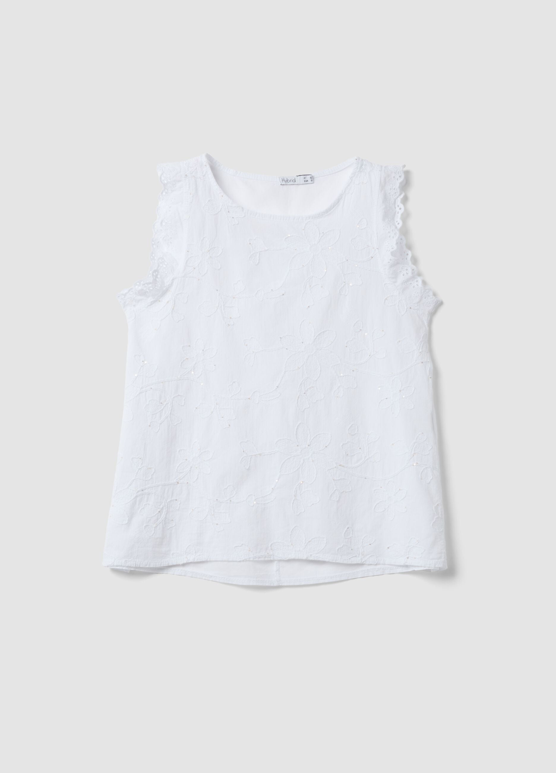 White pure cotton blouse with floral embroidery, regular fit