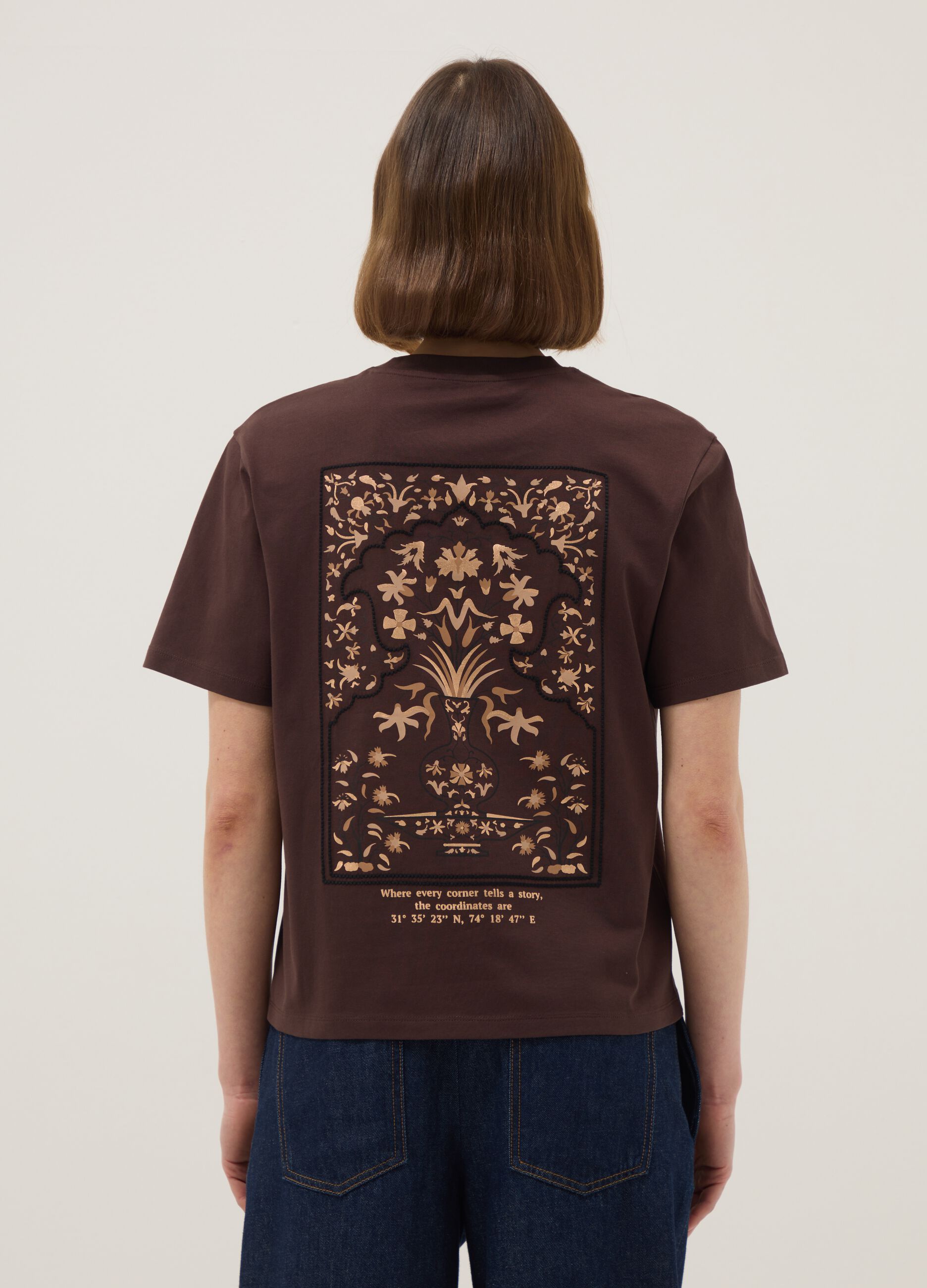 Brown pure cotton short-sleeve regular-fit T-shirt with print