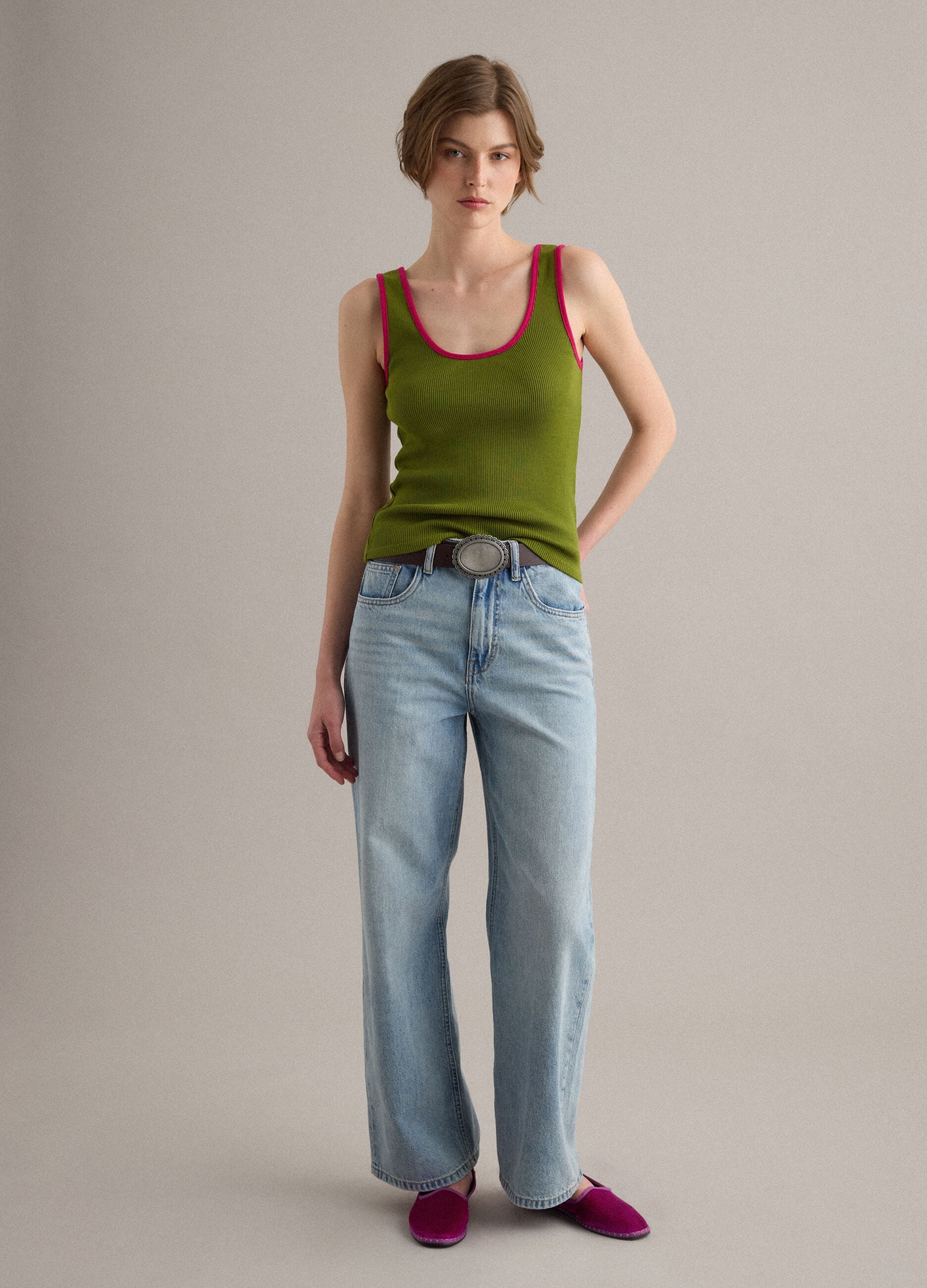 Green pure cotton ribbed tank top