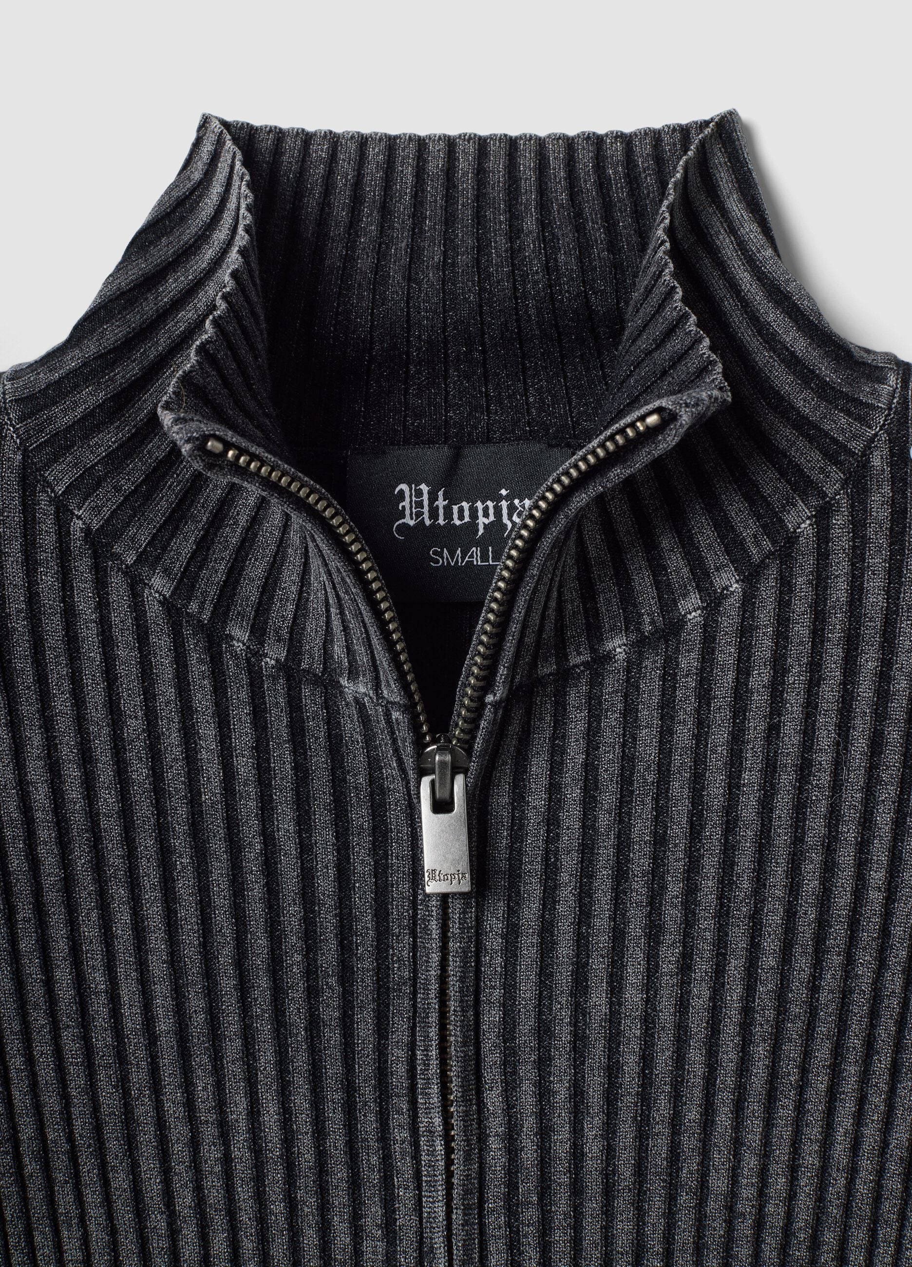 Full-Zip Ribbed Knit Vintage Grey