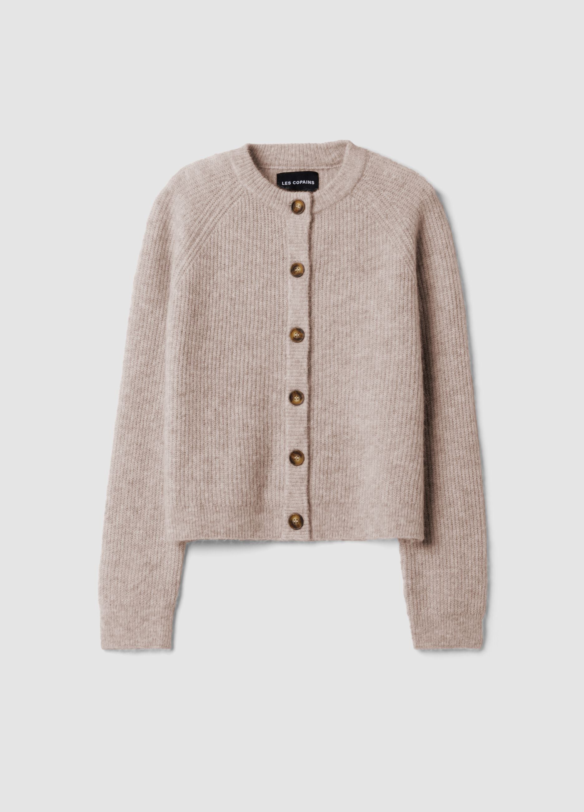 Beige crew-neck cardigan in stretchy wool and alpaca, regular fit