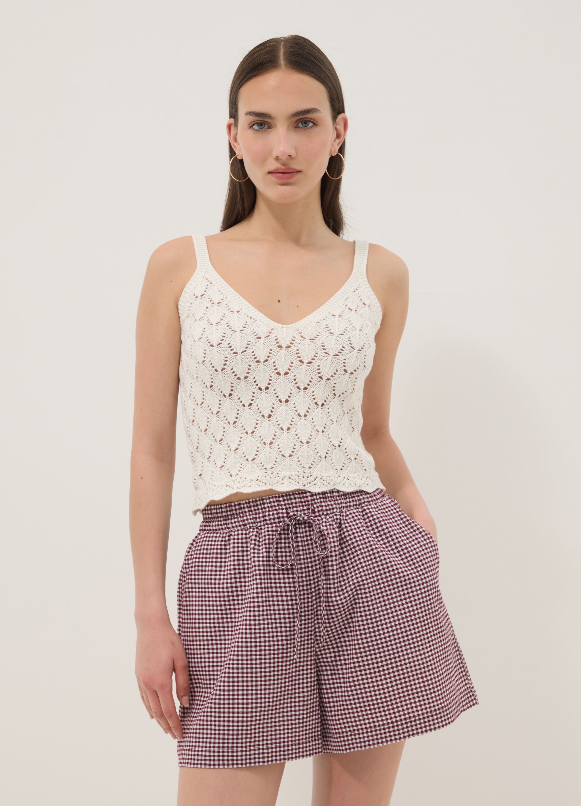 White pure cotton crochet waistcoat, regular fit