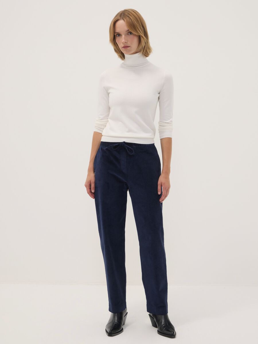 Blue ribbed stretch-cotton trousers with elasticated waistband_0